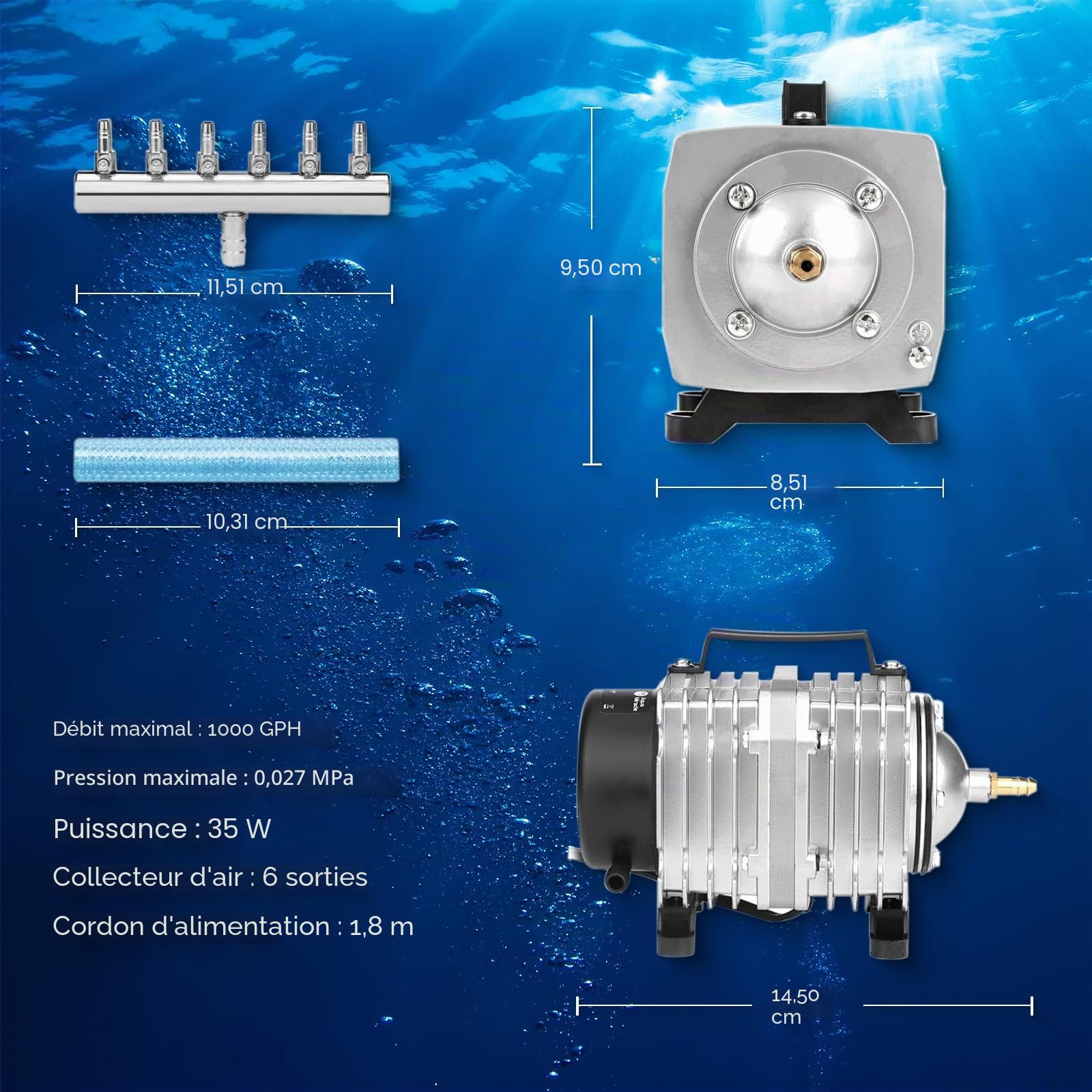 AquaMiracle Pompe à air commerciale pour aquarium 600/1000/1200/1750 GPH, 18 W/35 W/58 W/120 W Pompe à air pour aquarium, pompe à air hydroponique, pompe à air pour aquarium, aérateur de bassin