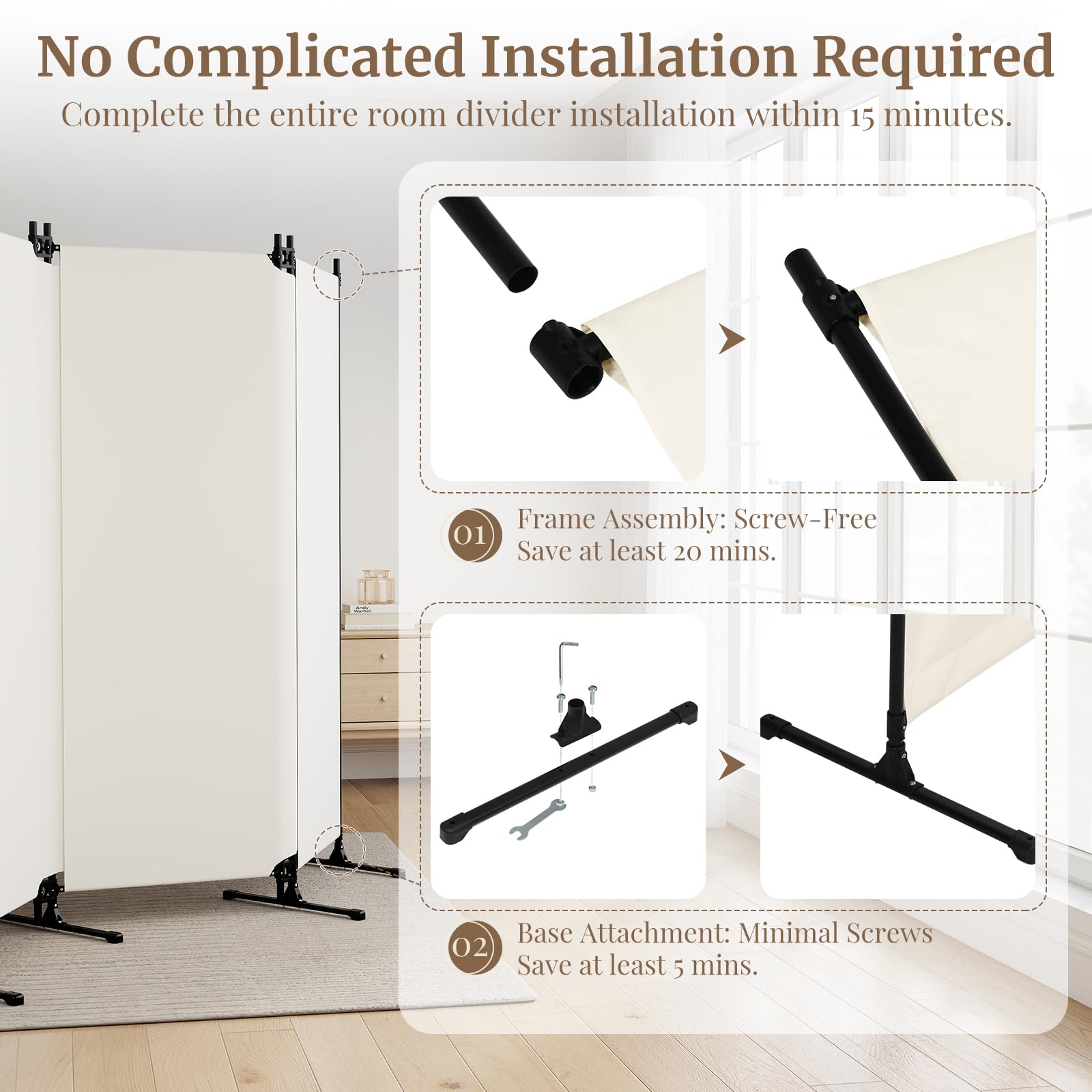 Kokorona Cloison de séparation pliable à 4 panneaux, écran d'intimité portable pour la maison, le bureau, séparateur de pièce pour séparation de pièce, installation facile, beige, 247 x 178 cm (l x H)