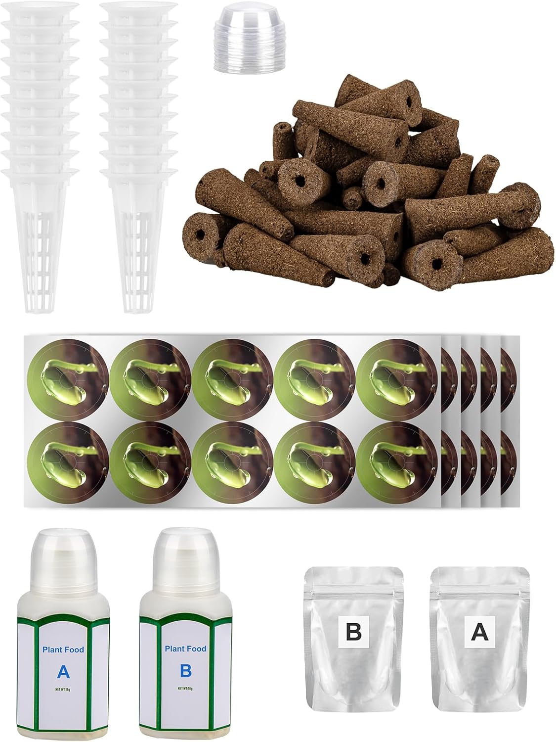 144pcs Seed Pod Kit: 50 Grow Sponges, 50 Pod Labels, 20 Grow Baskets, 20 Grow Domes, 4 A&B Plant Food，Grow Anything Kit,Compatible with Hydroponics Growing System from All Brands (144 pcs)