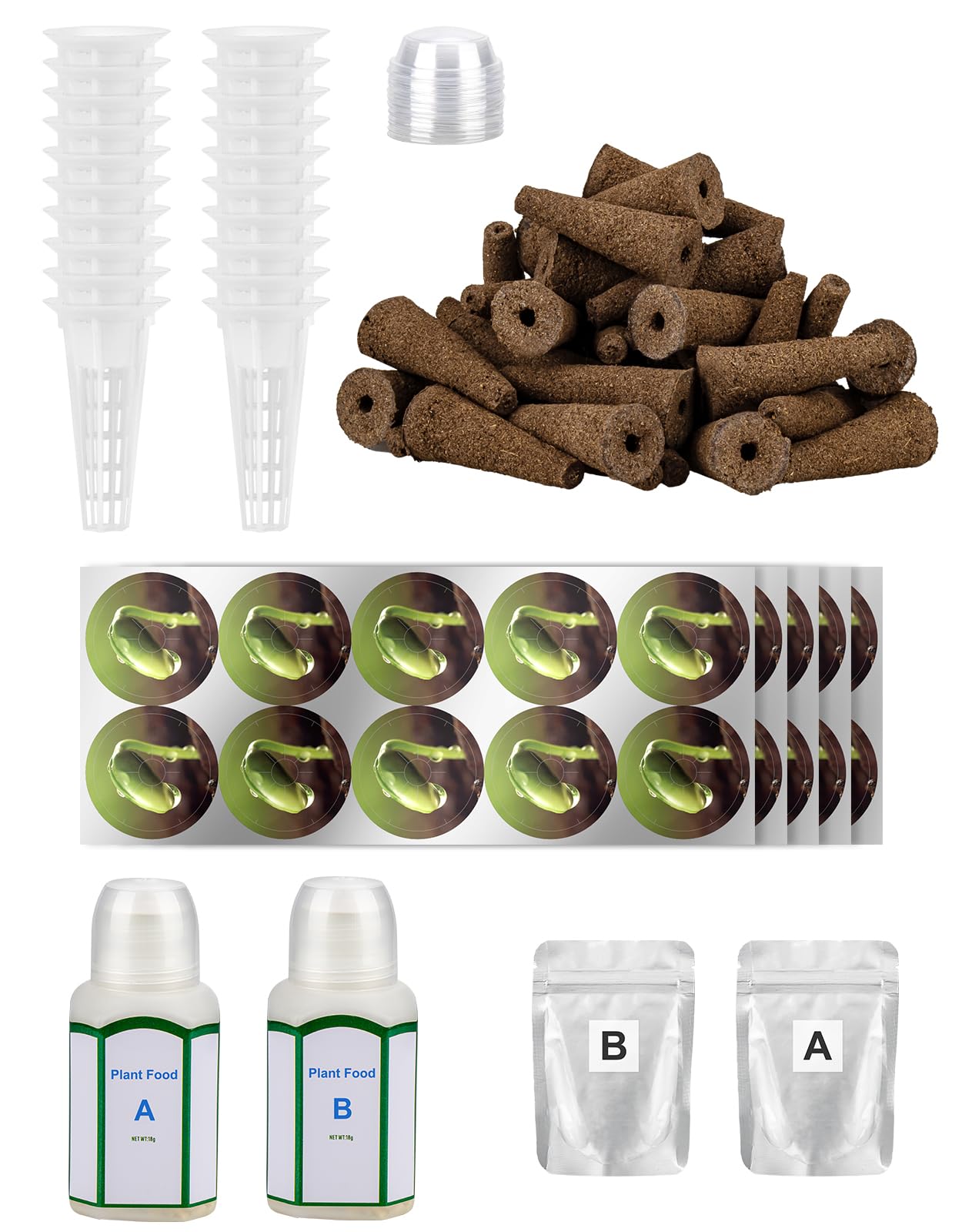 AOONEG 144pcs Seed Pod Kit: 50 Grow Sponges, 50 Pod Labels, 20 Grow Baskets, 20 Grow Domes, 4 A&B Plant Food，Grow Anything Kit,Compatible with Hydroponics Growing System from All Brands (144 pcs)