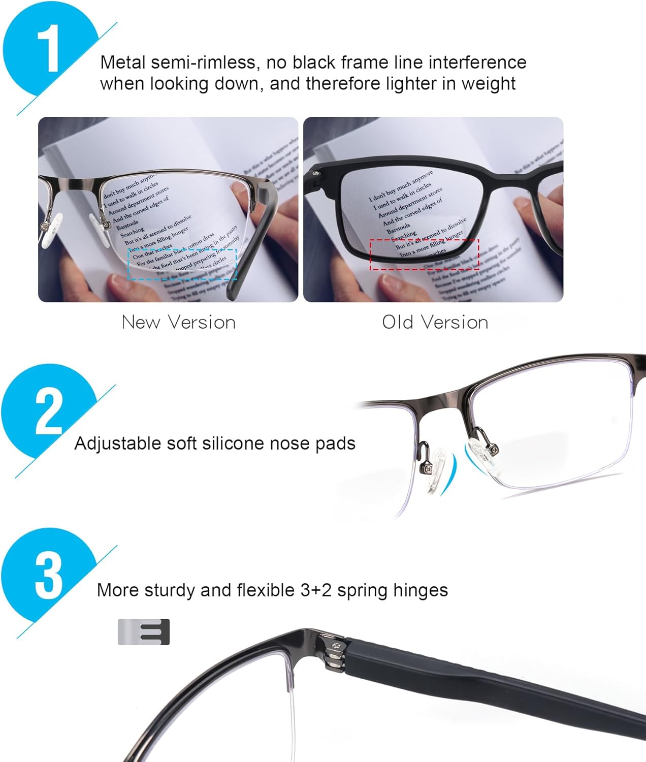 Missfive 2 Pack Mens 2.0x Bifocal Reading Glasses Blue Light Blocking Far Near Dual-use Readers, Durable Spring Hinge Quality Metal Frame Eyeglasses, Black & Gunmetal - Image 3