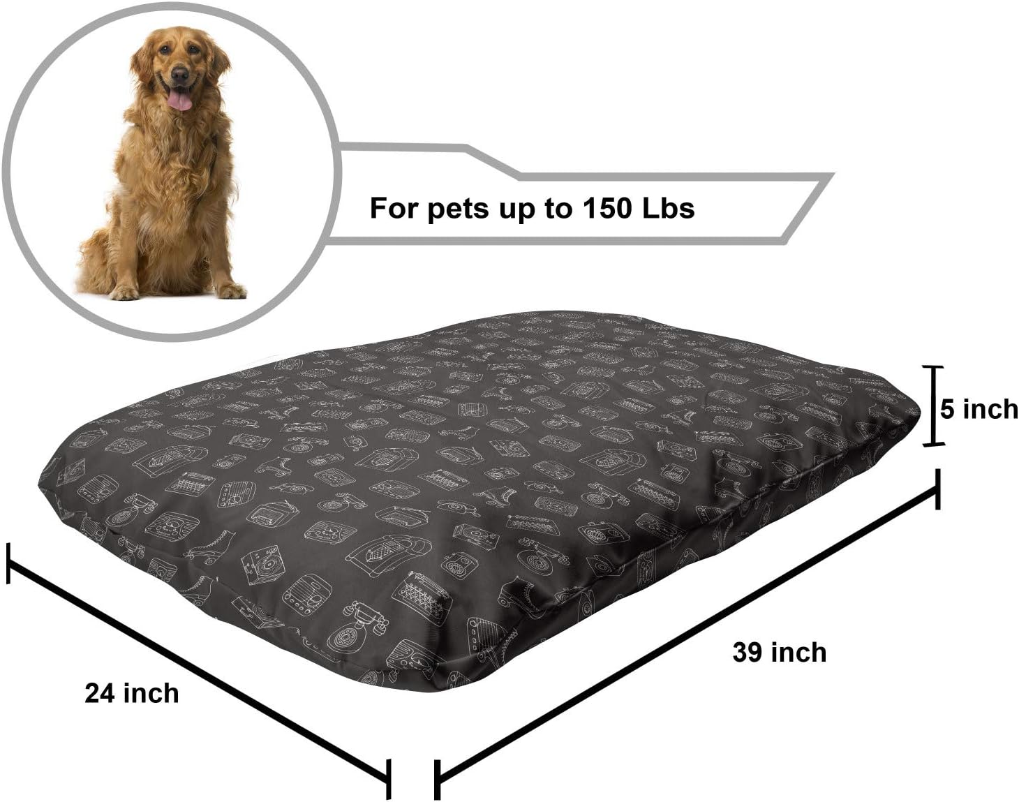 review Lunarable Typewriter Pet Bed, Chalky Old Tech Juke Box Radio Roller Skates and Vinyl Record Player, Chew Resistant Pad for Dogs and Cats Cushion with Removable Cover, 24