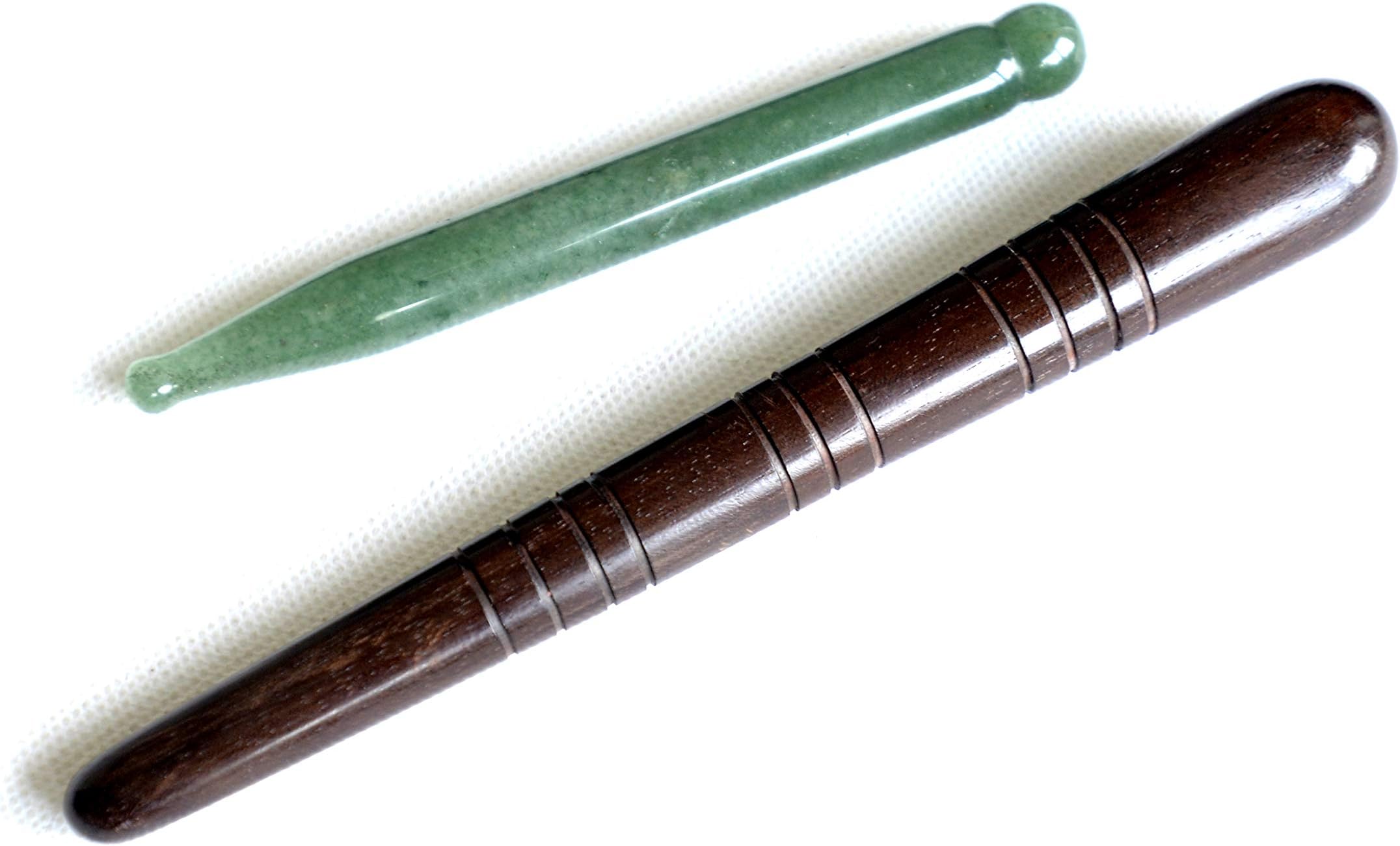 2 Piece Massage Set Comprising Thai Village Style Wood Foot Massage Stick and Chinese Jade Foot Massage Reflexology and Acupressure Stick