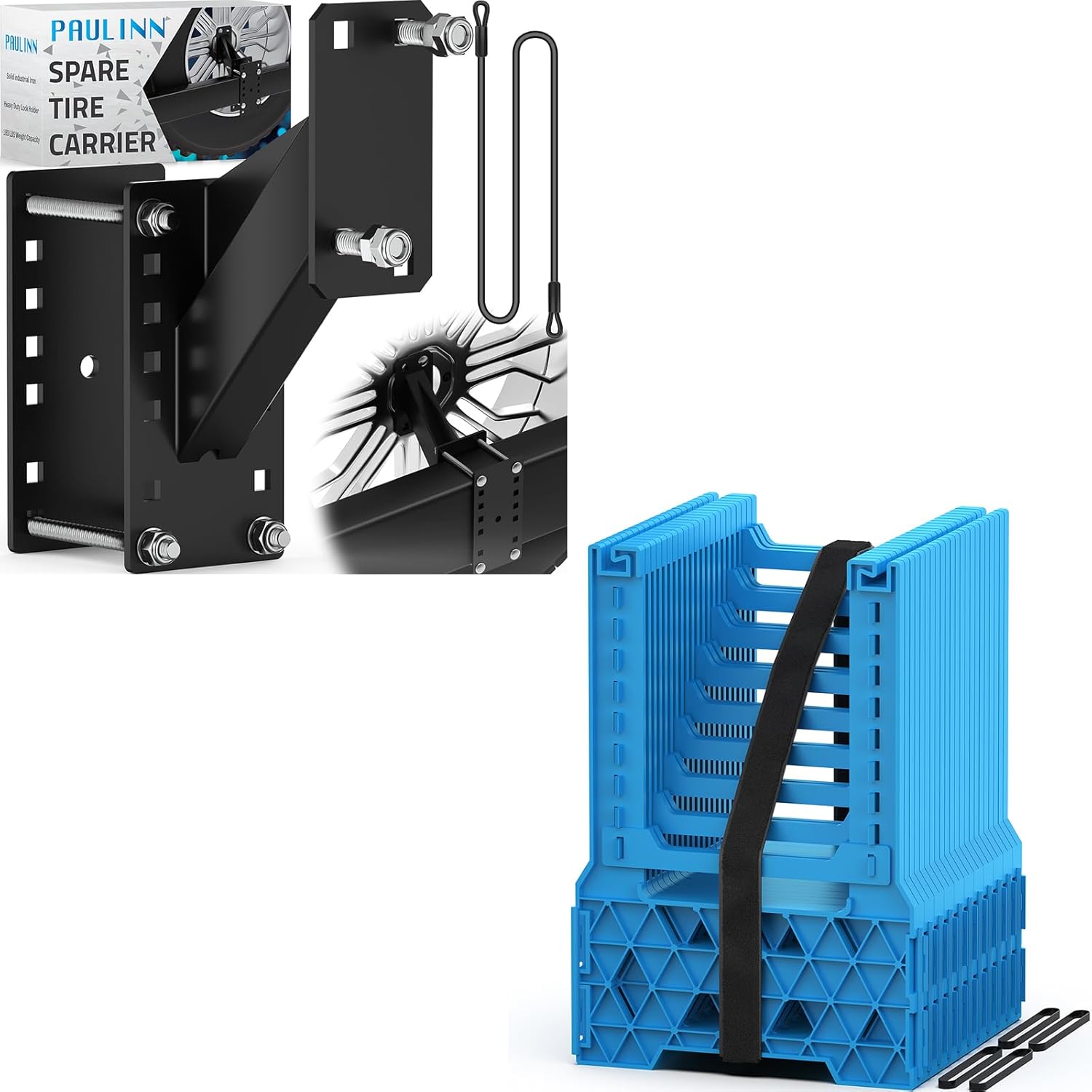 PAULINN Trailer Spare Tire Mount, Bundle with PAULINN 10FT RV Camper Sewer Hose Support, Ocean Blue Height Adjustable Sewer Hose Support for RV Camper