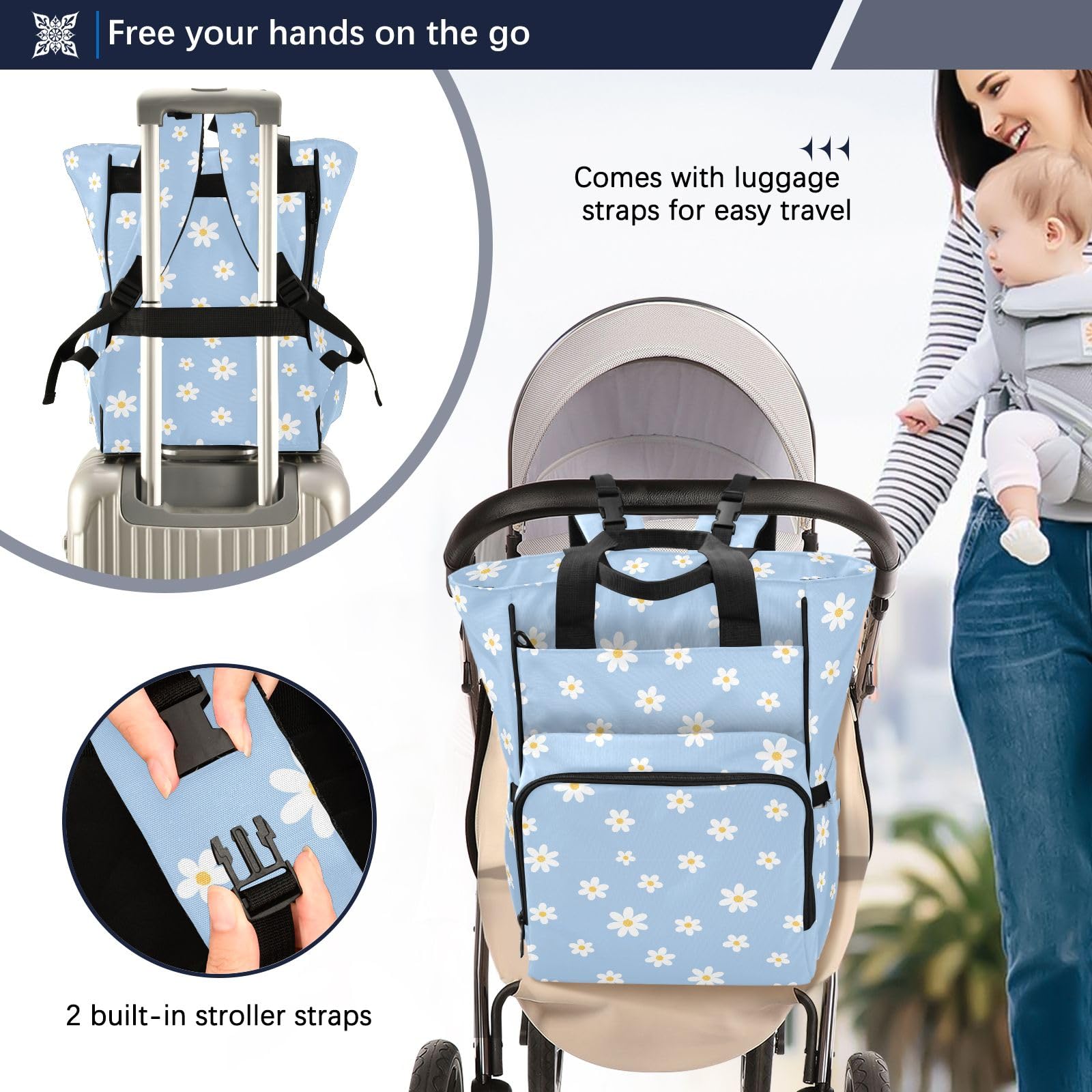 Mnsruu Mochila para pañales de bebé con flores blancas, bolsa grande, impermeable, bolsa de pañales de viaje para mamás y papás
