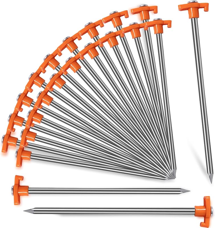 Paquete de 20 estacas para tienda de campaña – Estacas de suelo galvanizadas no oxidadas de 9,75 pulgadas, anclajes de toldo resistentes, estacas de metal para tienda de campaña para camping, jardín, senderismo, naranja