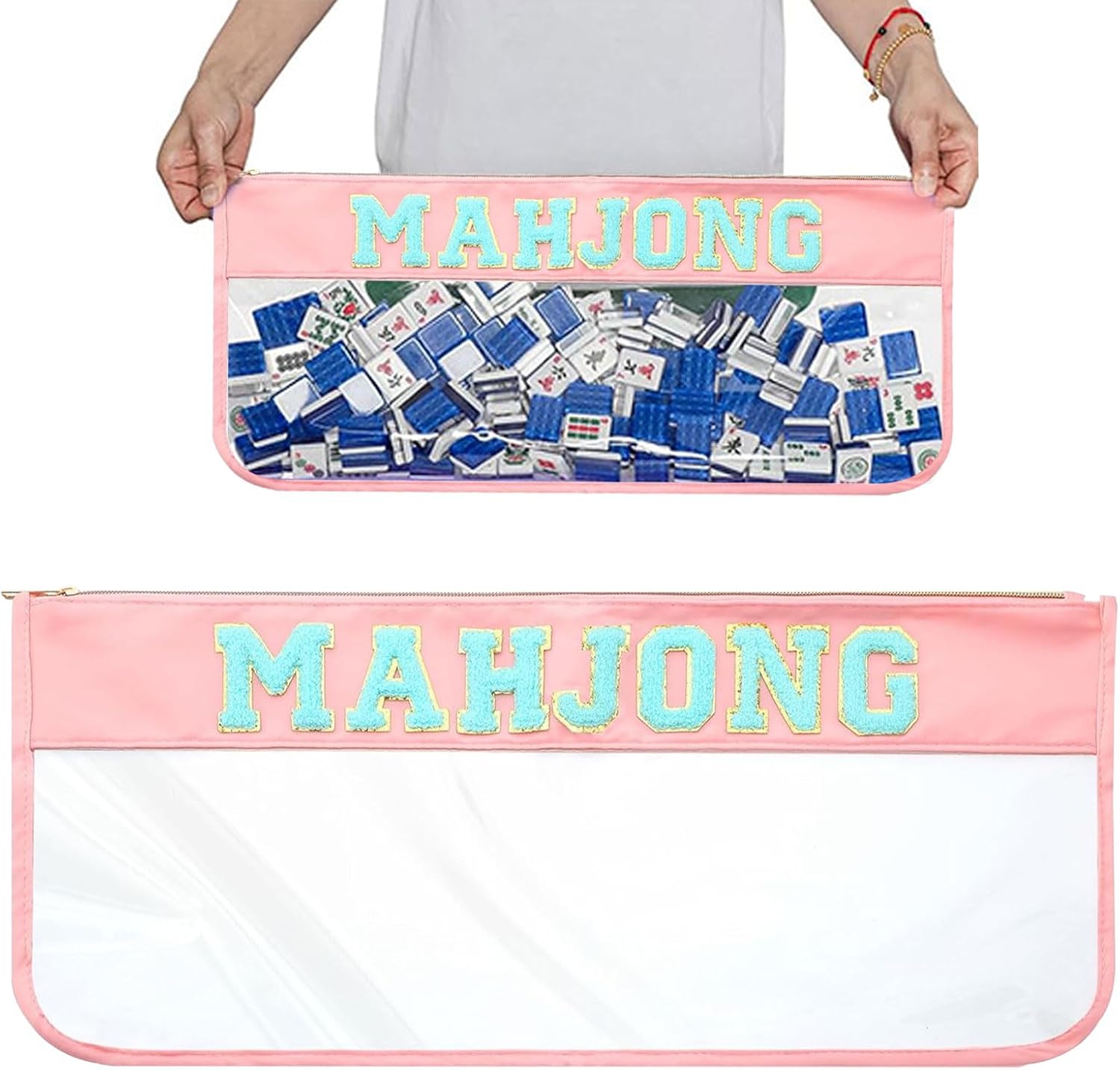 WREWING Empty Mahjong Tile Bag, Clear Mahjong Case for American Mah jong Set, Letters Mahjongs Bags with Zippered, 20.67 x 9.65 Inches, Case Only, Gift for Mah Jong Lover (Blue)