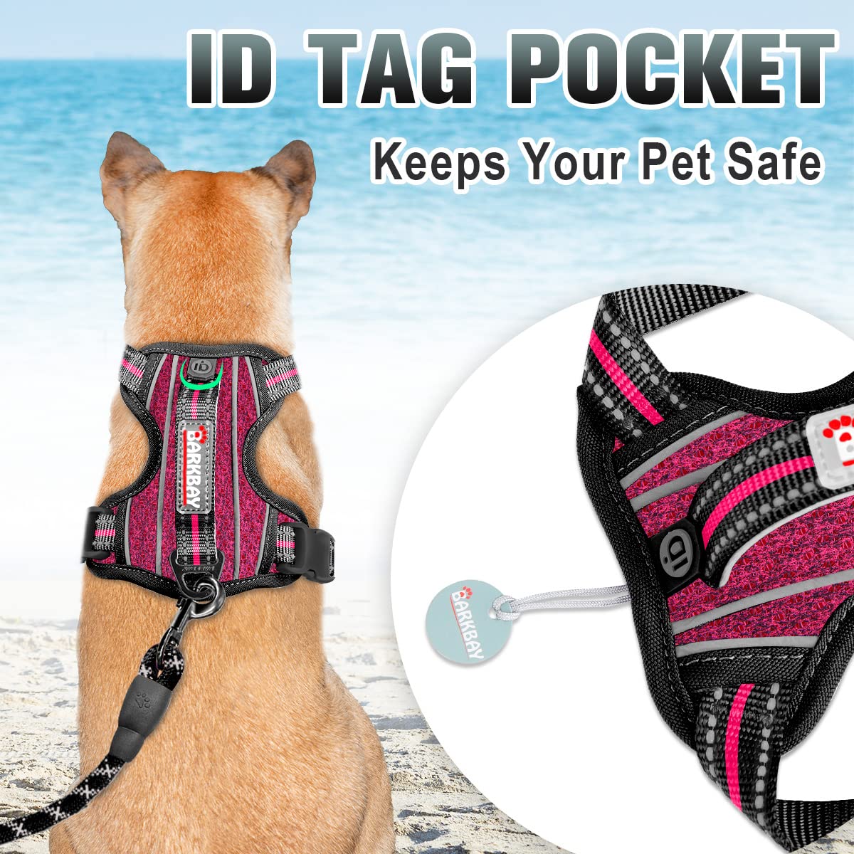 BARKBAY No Pull Dog Harness Large Reflective Dog Harness with Front Clip and Easy Control Handle for Walking Training Running with ID tag Pocket(Pink/Black,M) - Image 2