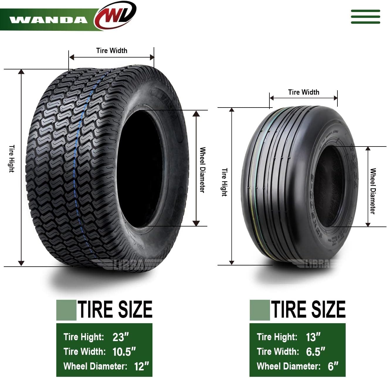 WANDA Set 4 Zero-Turn Lawn Mower Turf Tires 13x6.5-6 Front & 23x10.5-12 Rear /4PR -13081/13049