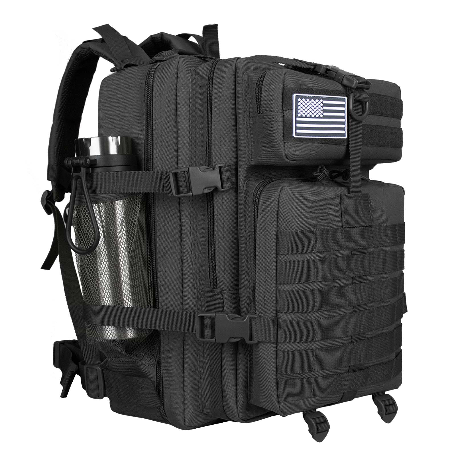 45L Military Tactical Backpack For Men Highland Assault Army Pack 3 Day Molle Bug Out Bag With Water Cup Pouch Large Camping Hiking Black Rucksack Work Daypack