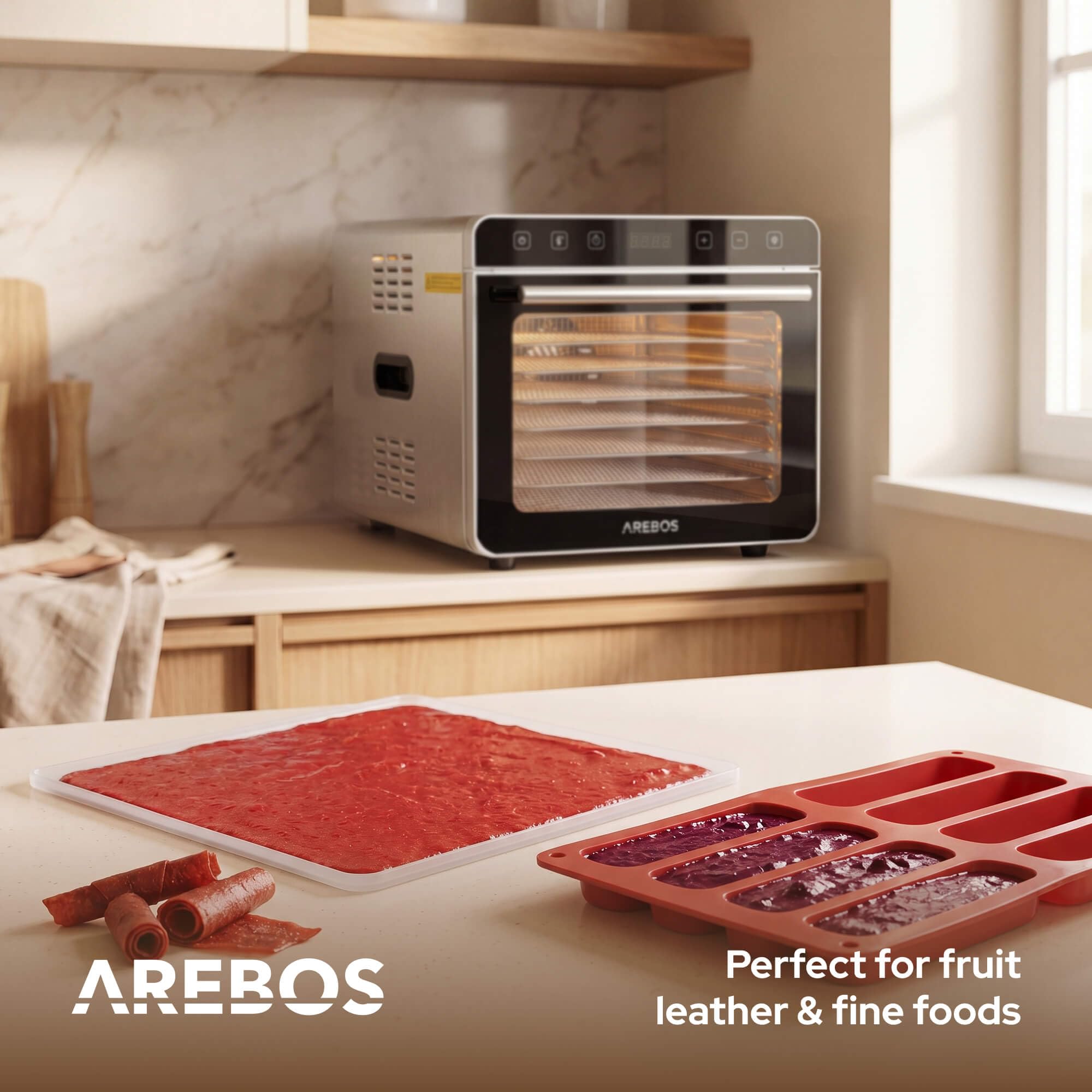 Arebos Deshidratador de Alimentos de Acero Inoxidable 700 W | 8 Bandejas de Acero Inoxidable | Capacidad 19 L | Pantalla Táctil, Luz LED, Temporizador 24 h, 35-85 °C | Fruta, Carne, Hierbas