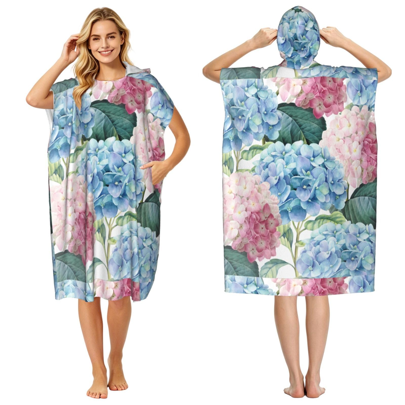Poadnly Pink Blue Hydrangea, Adult Hooded Beach Towel 90 x 110 cm,Changing Bath Robe, Surf Poncho Towel For Women Men