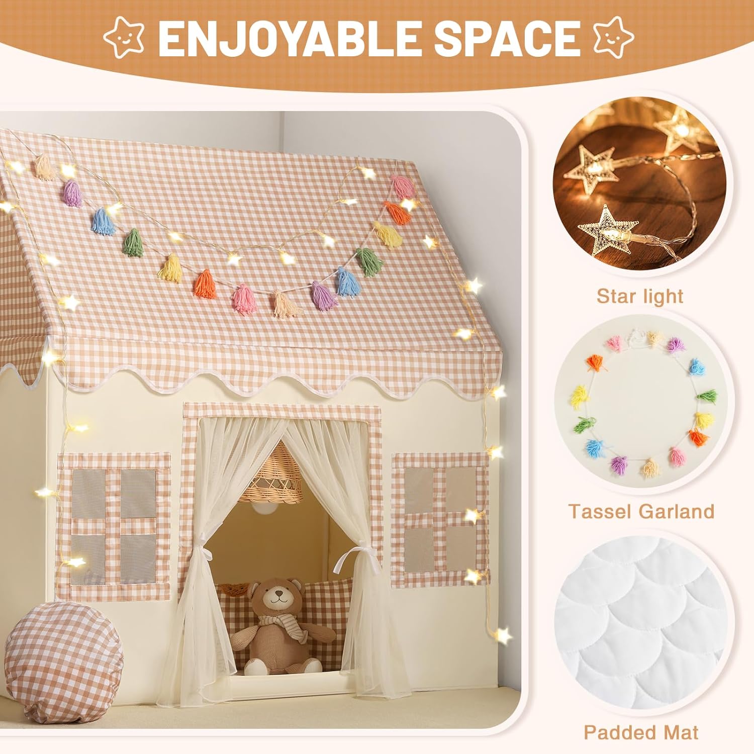 Senodeer Kids Play Tent Indoor: with Brown Checkered, Mat, Rainbow Tissue Garland, Star Lights - Toddler Girl Tent Indoor Playhouse for Toddlers Kids Toys for Boy Girl Birthday Gift for Kids Brown Checkered Tent
