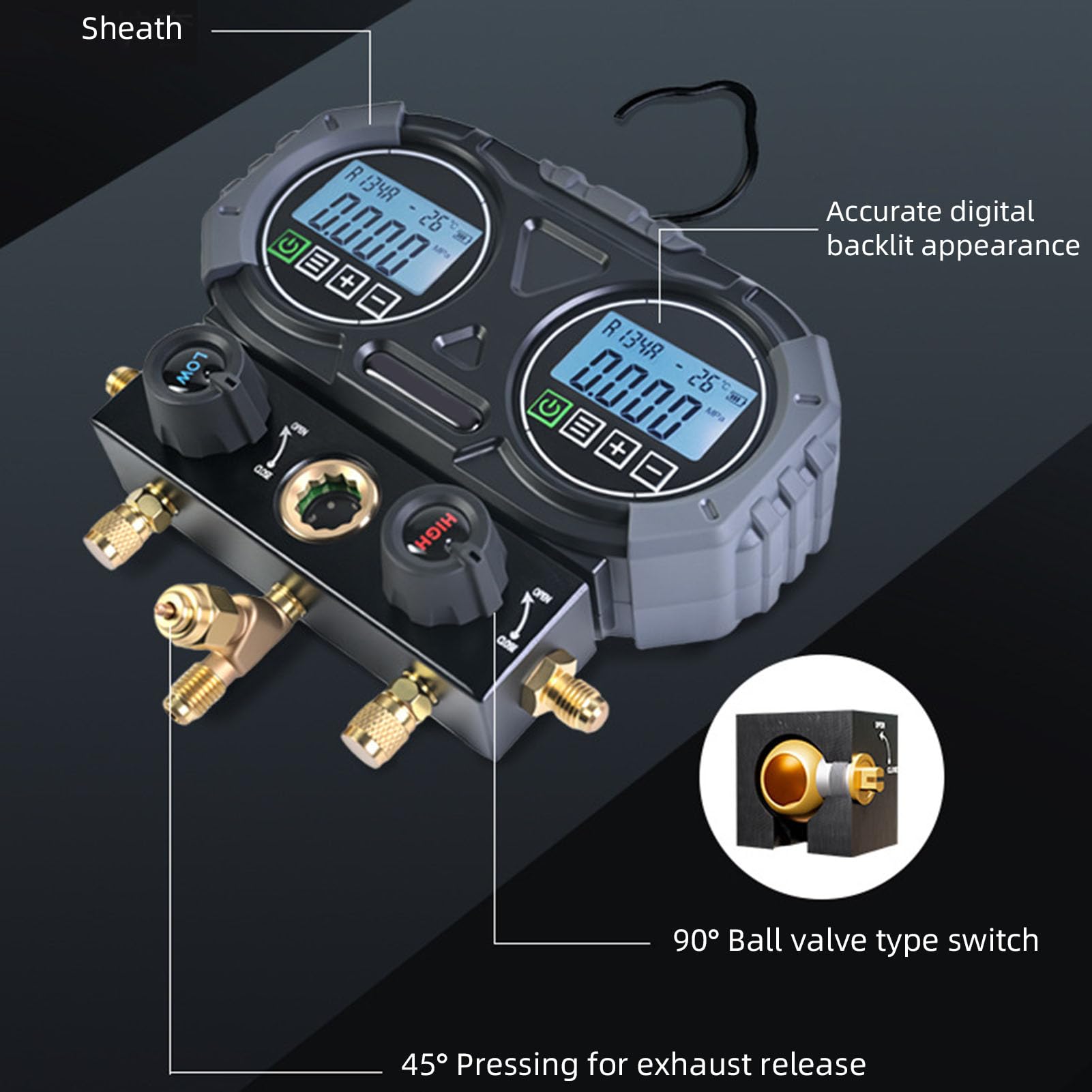 SIXRUN Manómetro Digital para HVAC, Juego de Manómetros Digitales para AC con 2 Pinzas de Temperatura para R134A R1234YF R22 R32 R410A y 92 Refrigerantes