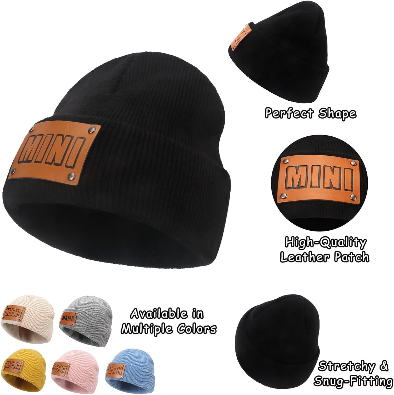 Mama and Mini Hats, 2-Pack Mommy and Me Beanies, Leather Patch Toddler Knit Hats Baby Winter Beanies - Image 6