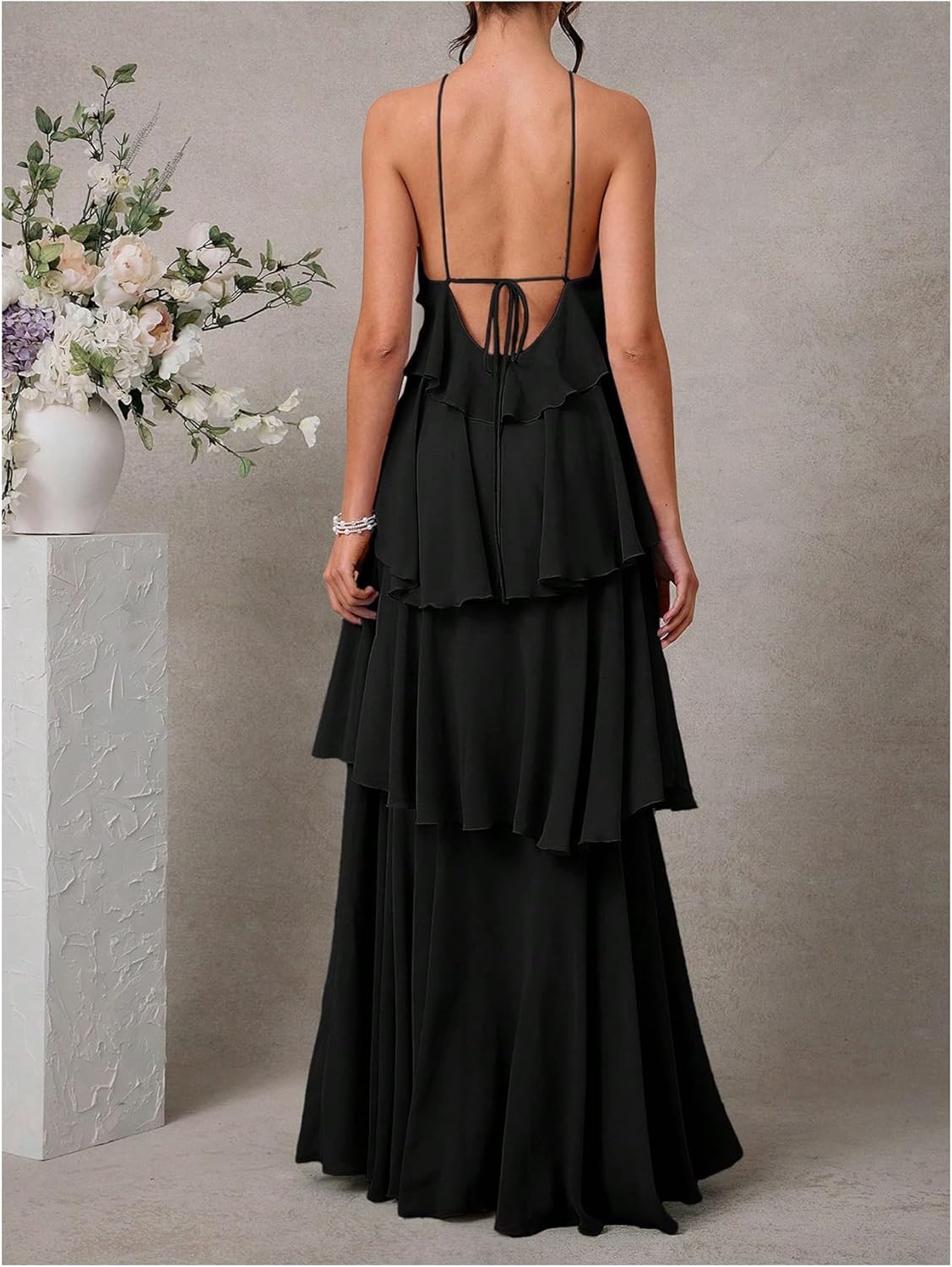 soly hux women's sundresses ruffle layered halter flowy maxi dress elegant wedding guest dresses x-small plain black