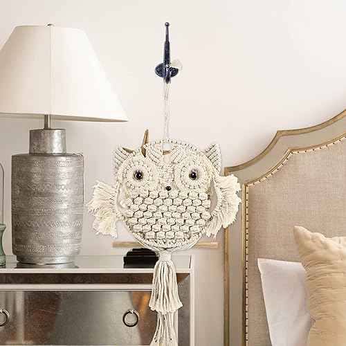 Miniatura 6 de ULTNICE Tapiz de macramé de búho para colgar en la pared, tapiz de la suerte, bohemio con flecos, tejido hecho a mano, tapiz para colgar en la