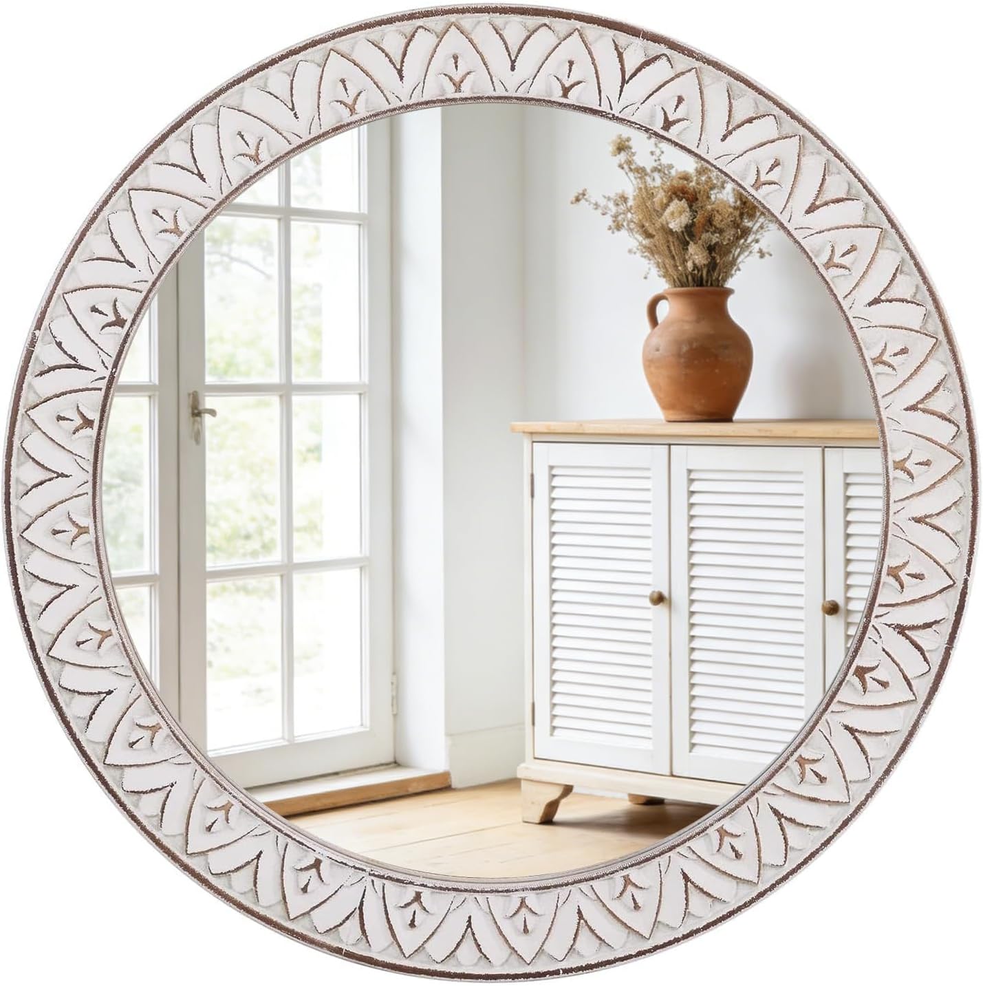 20" Round Rustic Mirror, Wooden Frame Circle Mirrors, Wall Mounted Decorative Mirror for Living Room, Bedroom, Bathroom, Entryway, Hall Wall Decor
