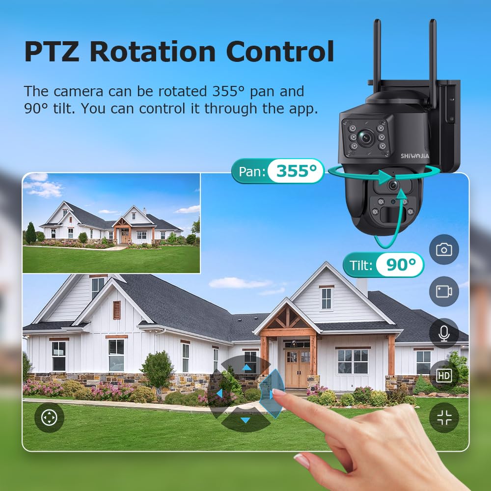 SHIWOJIA 24/7 Registrazione AOV Telecamera 4G da Esterno, Doppio Obiettivo, Allarmi PIR, Auto Tracking, Audio Bidirezionale, Tracciamento Automatico, IP66