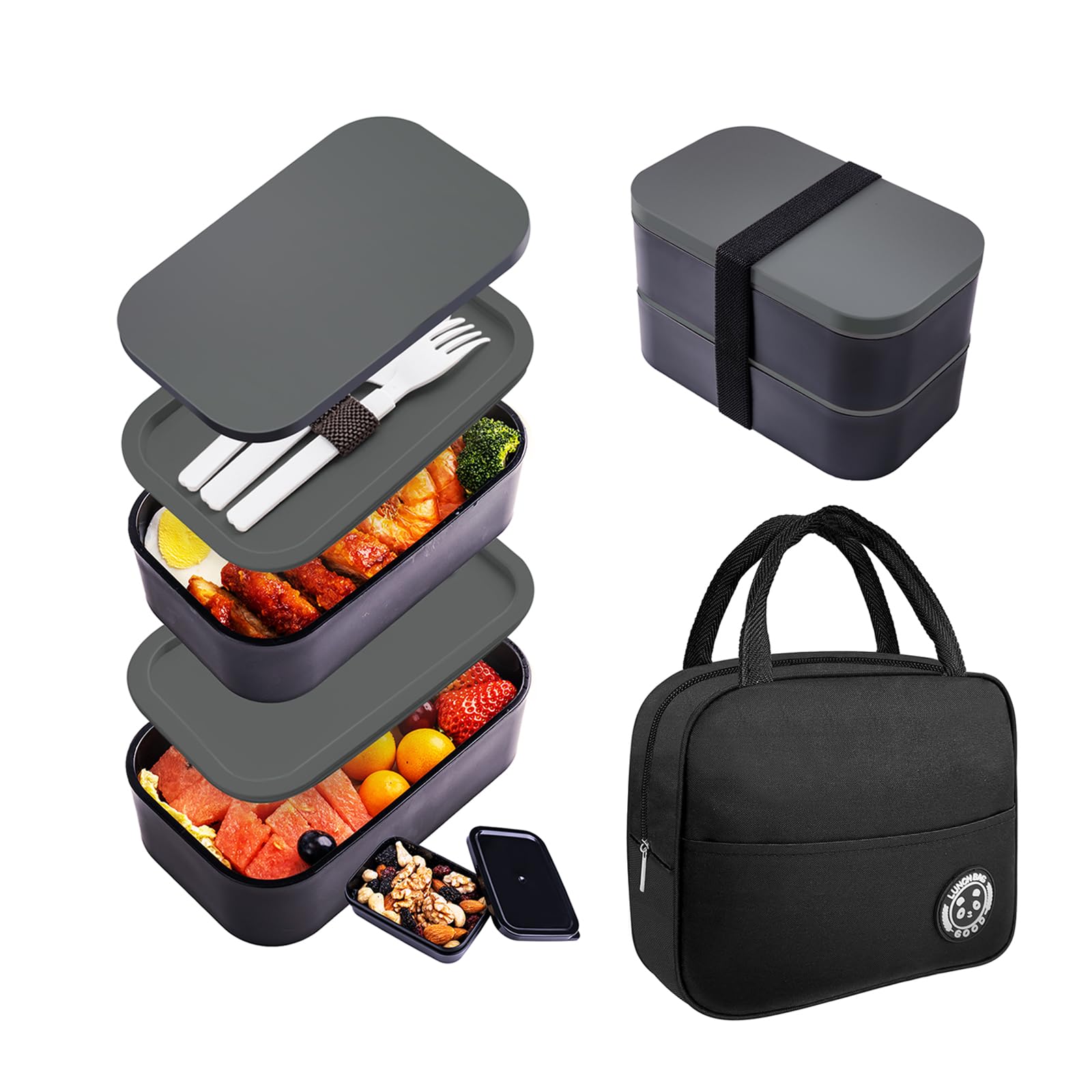 Uybieef Bento Box Adult Lunch Box with lunch bag,Japanese Lunch Box Containers for Adult,Bento lunch Box with Leakproof 54OZ Black (black lid
