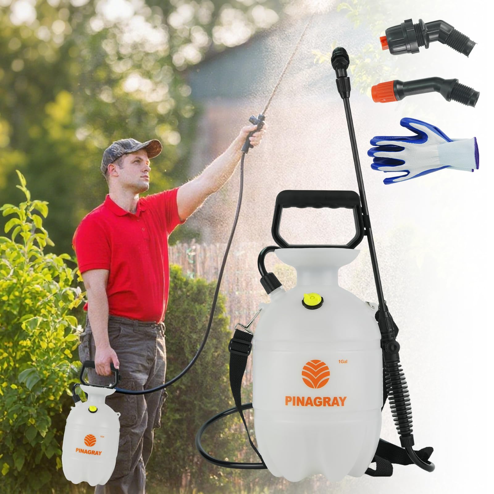 Pulverizador de presión de 1 galón/3.78 L – Bomba multiusos para jardín, césped y hogar con 2 boquillas, correa para el hombro y guantes, ideal como rociador de hierbas, plantas y agua