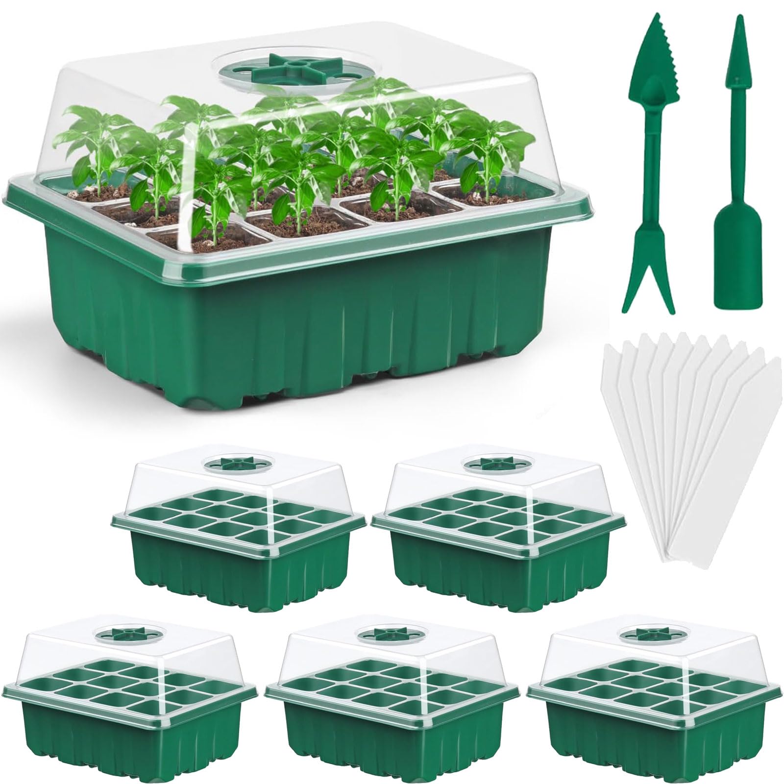 Seed Starter Trays, 5-Pack Plant Germination Trays Greenhouse Grow Kit with Humidity Vented Domes and Base for Seeds' Starting (Total 60 Cells) - 1