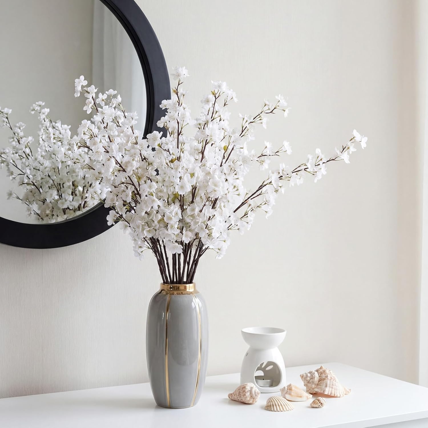 Giegxin 8 Pcs Silk Cherry Blossom Branches Cherry Blossom Tree Stems Long Stem Artificial Flowers for Tall Vase Flowers for Home Wedding Vase Floral Arrangements (White,43.3")