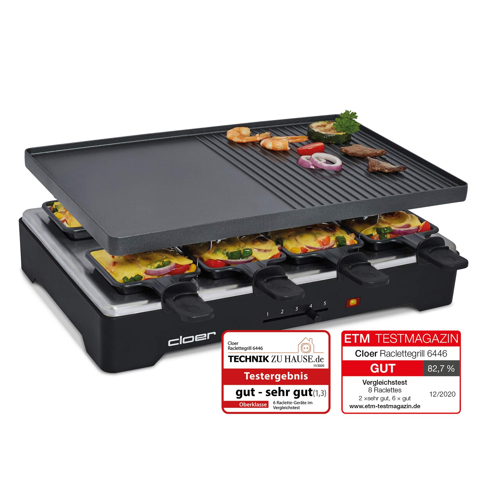 Cloer 6446 Raclette gril avec plaque en aluminium moulé sous pression - utilisable des deux côtés, 8 poêles à raclette à revêtement antiadhésif avec poignées calorifugées, 1200 W, noir