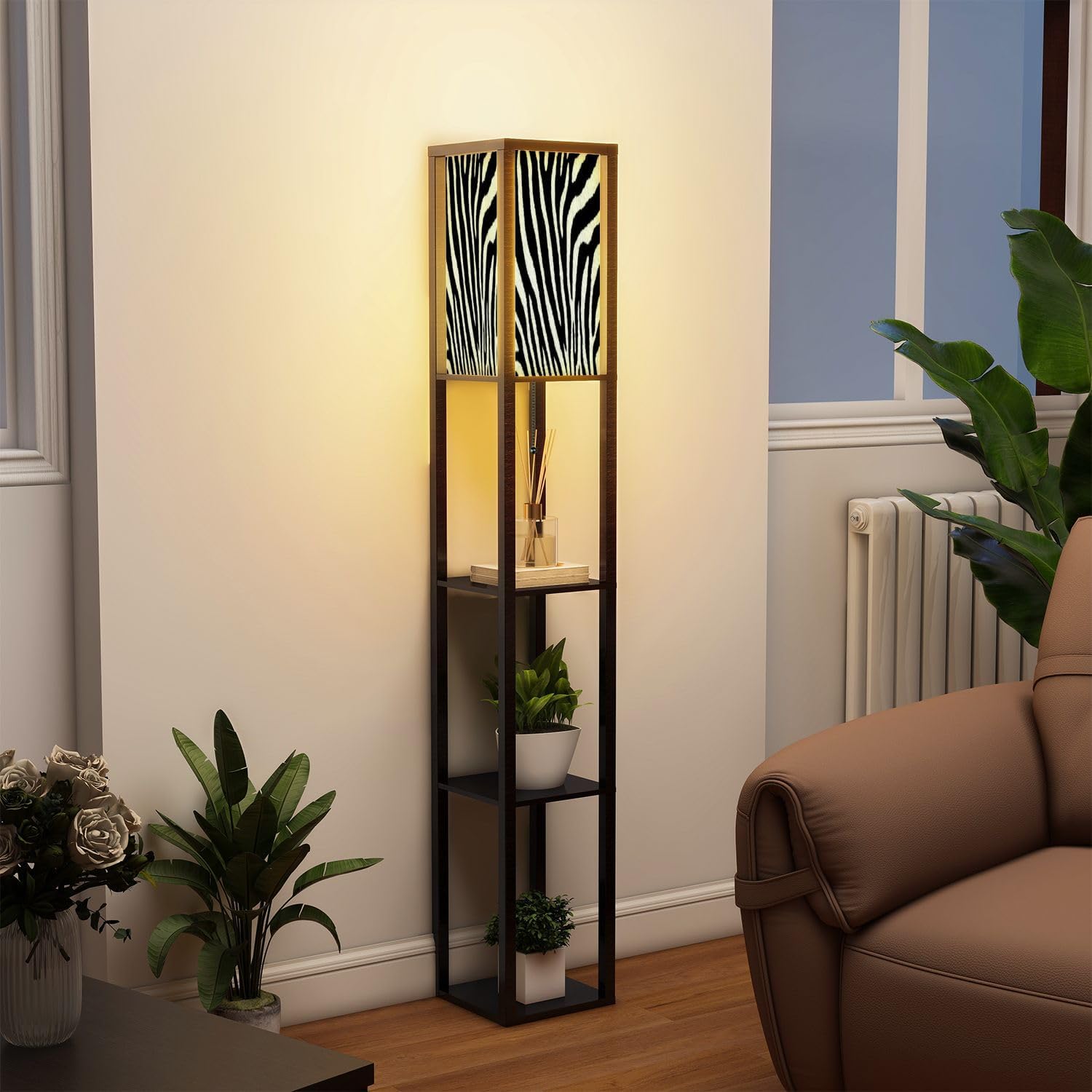 Standing Lamp with Shelves Tall Zebra Stripe Modern Wood Corner Lamp for Bedroom Living Room Office Floor Lamp Mid Century Room Decor
