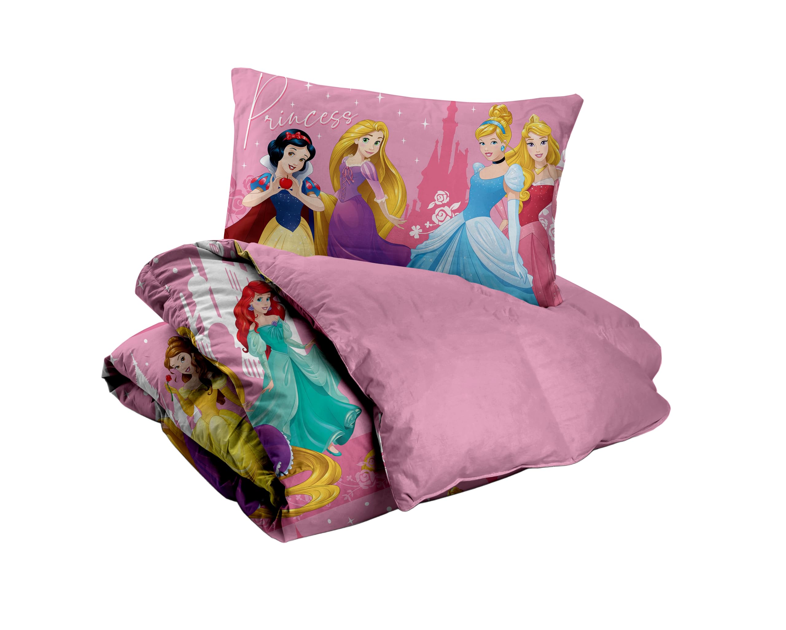 Disney, Set Copripiumino Letto Singolo, Sacco Copripiumone + Federa, Parure Copripiumino con Federa, Sacco 155x200 cm, 100% Cotone, Principesse, (Non Contiente Lenzuolo Con Angoli)