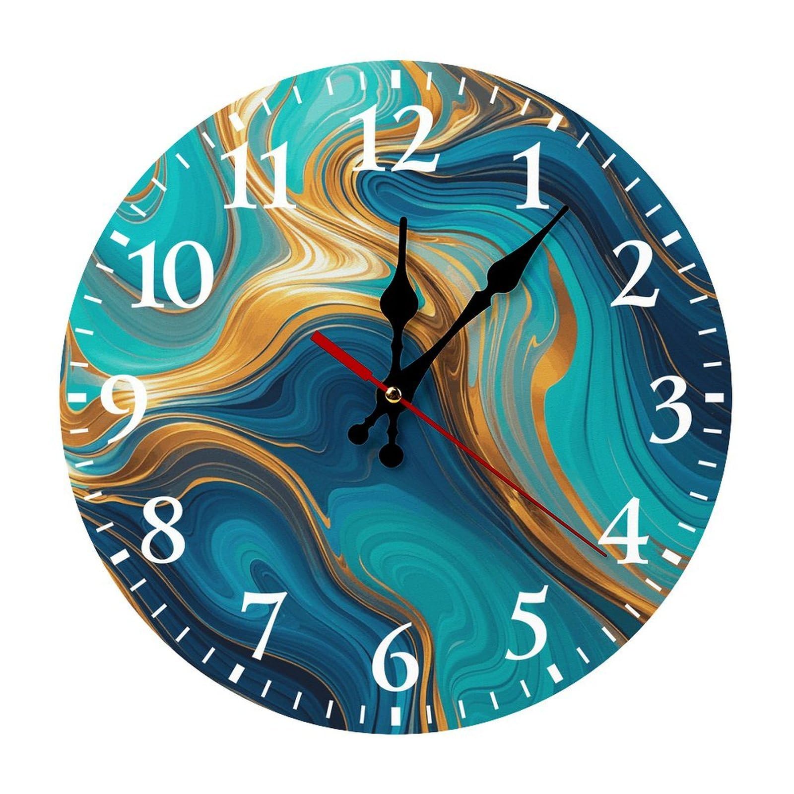 QMNLKH Turquoise Blue Gold Marble Wall Clock for Home, Battery Operated Clock for Hotel, Round Wall Clock with Arabic Numerals White, Easy to Read, Non-Ticking Clocks for Living Room 30 * 30cm