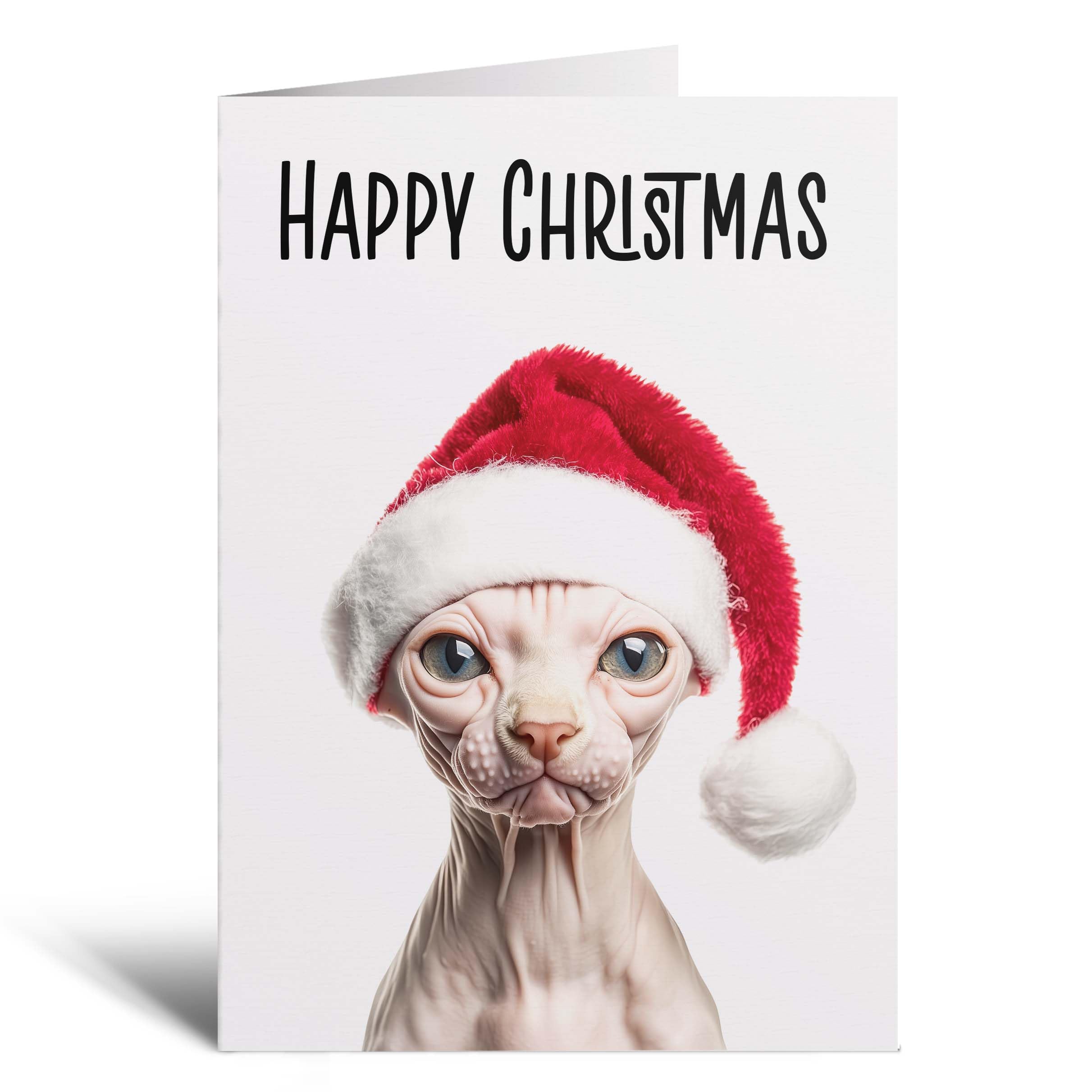 Postcard Prints - Fun Christmas Card of a Sphynx Cat Wearing A Santa Hat Whimsical Christmas Card For Animal Lover For Him or Her - 3 Cards