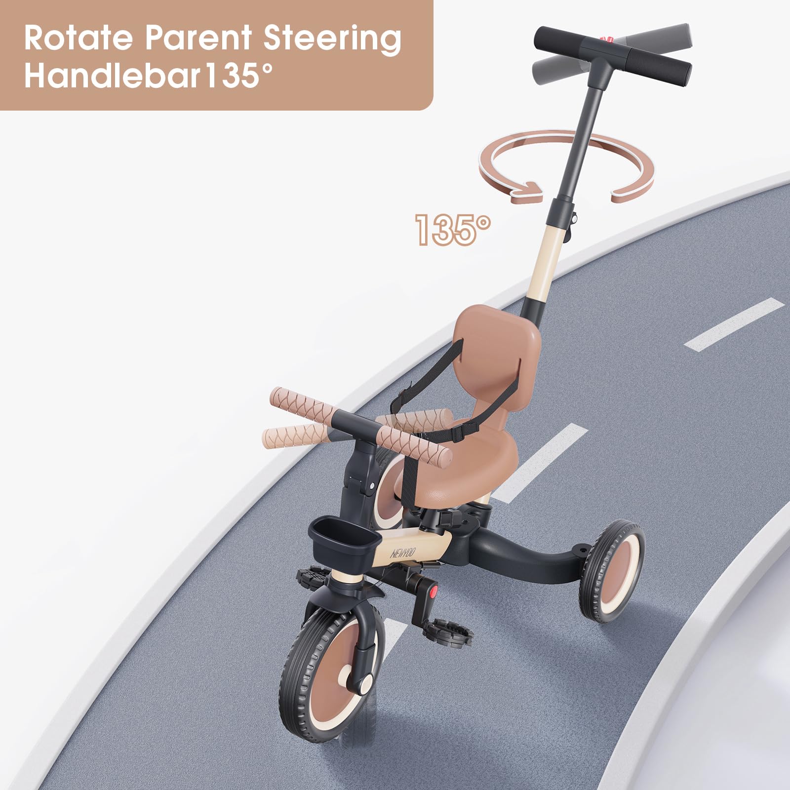 newyoo Triciclo per Bambini 1-3 Anni con Manico di Spinta, Bicicletta per Bambini, Regalo e Giocattolo per Bambini e Bambine, Triciclo 5 in 1 con Schienale e Cintura di Sicurezza, Kaki, TR007