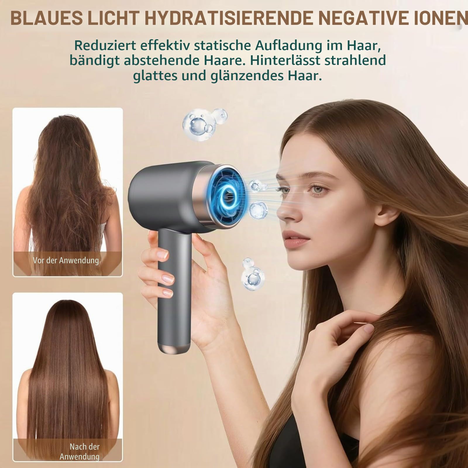 Haartrockner mit Akku, 3 Geschwindigkeits- und Temperaturstufen, USB-aufladbar, kompakt und leicht für Reisen, Camping und Outdoor, Schwarz(EU Standard Dark Gray)