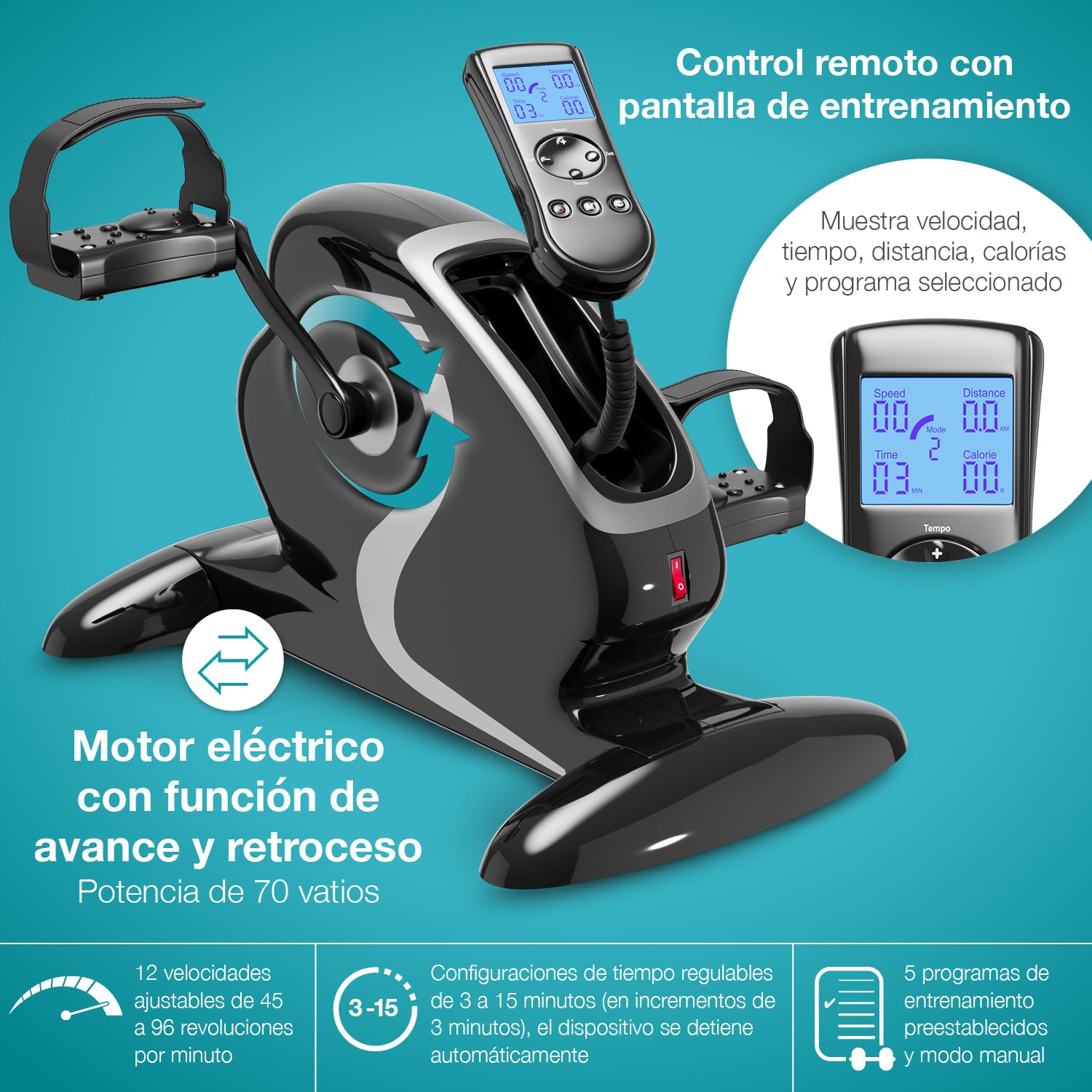 ELONEO Pedales Estáticos para Personas Mayores - Pedaleador Eléctrico 2 en 1 para Piernas y Brazos, Mini Bicicleta, 12 Velocidades, Pantalla LCD y Mangos de Masaje, Fitness en Casa, Silla
