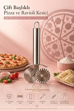 Transformacion Pizza ve Ravioli Kesici - Profesyonel  elik  ift Ba l kl  T rt kl  ve D z Hamur Ruleti, Mant  ve Pizza Kesme B a  19x8 cm 721987