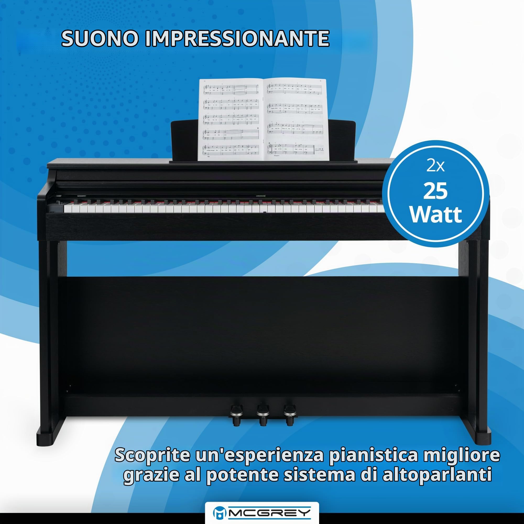 McGrey DP-19 SM Pianoforte digitale - 88 tasti pesati con azione a martello e risposta al tocco - 8 suoni - 32 ritmi di accompagnamento - design sottile - Tasteria e 3 pedali - Nero opaco