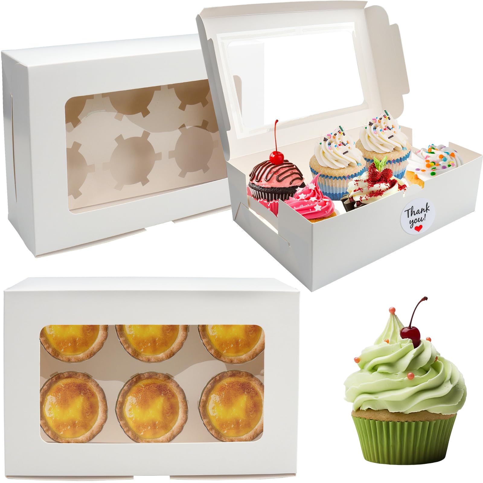 Lhnndm White 6 Hole 20 Pcs Cupcake Boxes 6 Hole With Window And Stickers, Cupcake Carrier Bakery Pastry Boxes Cookie Treat Muffins Boxes Carrier For Home Baker Birthday (White 6 Hole)