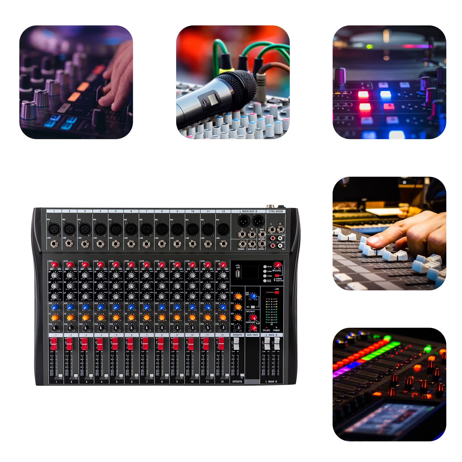 12 studyjnych mikserów audio, 12 kanałów, kontroler dźwięku DJ z wejściem USB Bluetooth, zasilanie fantomowe 48 V, konsola mikserska stereo do karaoke DJ Stage