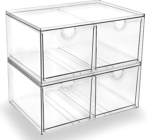 Prsildan Stackable Clear Makeup Organizer, 2 Pack Acrylic Storage Drawers with 4 Drawers for Vanity Bathroom Office Desk Modular Drawer System for Cosmetics Jewelry Toiletries Home Organization