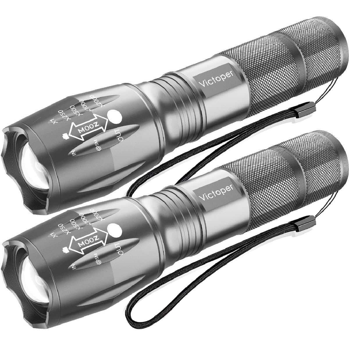 Victoper LED Flashlight 2 Pack Grey, Bright High Lumens Tactical Flashlights High Lumens with 5 Modes, Waterproof Zoomable Flash Light for Outdoor, Gifts for Father's Day Camping Essentials Gear