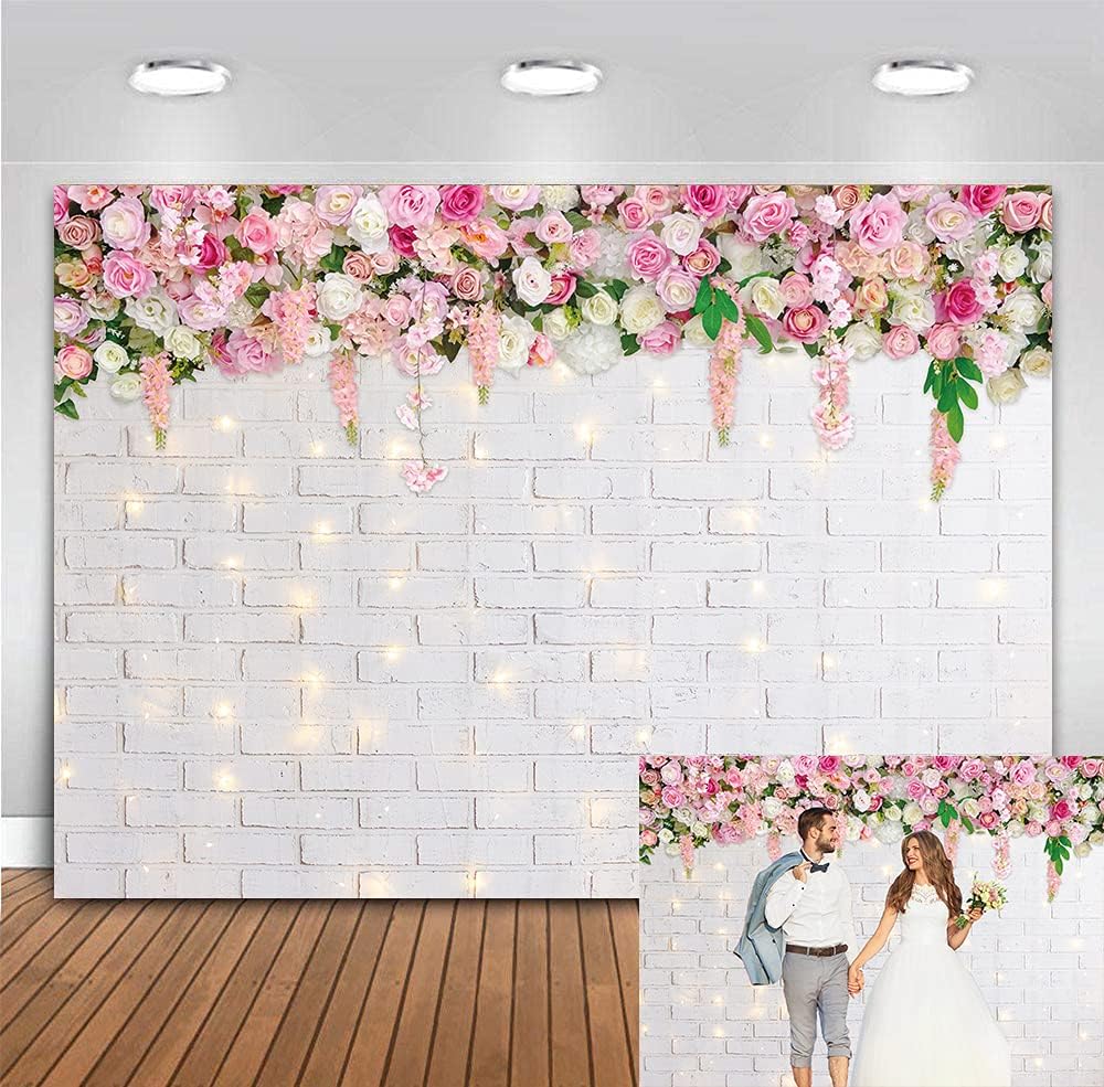 Flower Wall Backdrop Glitter White Brick Wall Mother's Day Flowers Photography Background Mother's Day Wedding Bridal Baby Shower Birthday Party