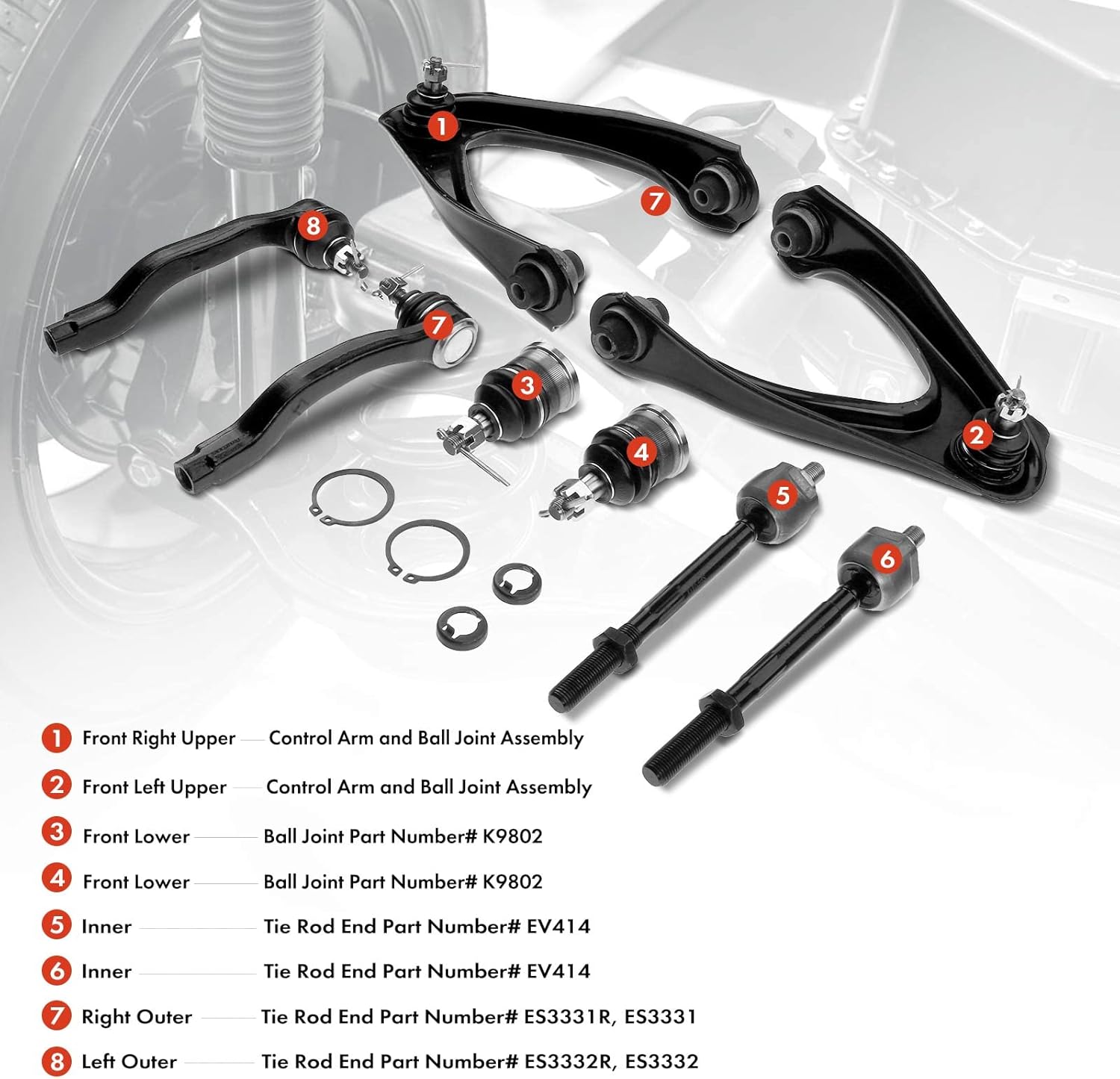 A-Premium Set of 8, Front Upper Control Arm, Lower Ball Joint, Inner Outer Tie Rod End, Compatible with Honda CR-V 1997 1998 1999 2000 2001