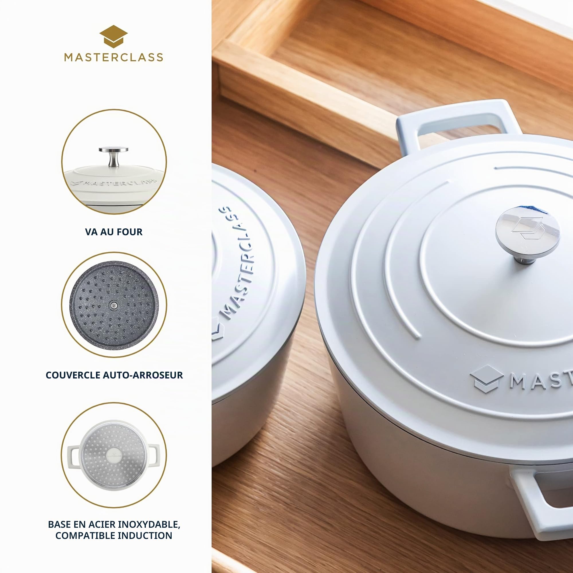 MasterClass Petite cocotte avec couvercle 2,5L/20 cm, en fonte d'aluminium légère, adaptée à la plaque à induction et au four, crème