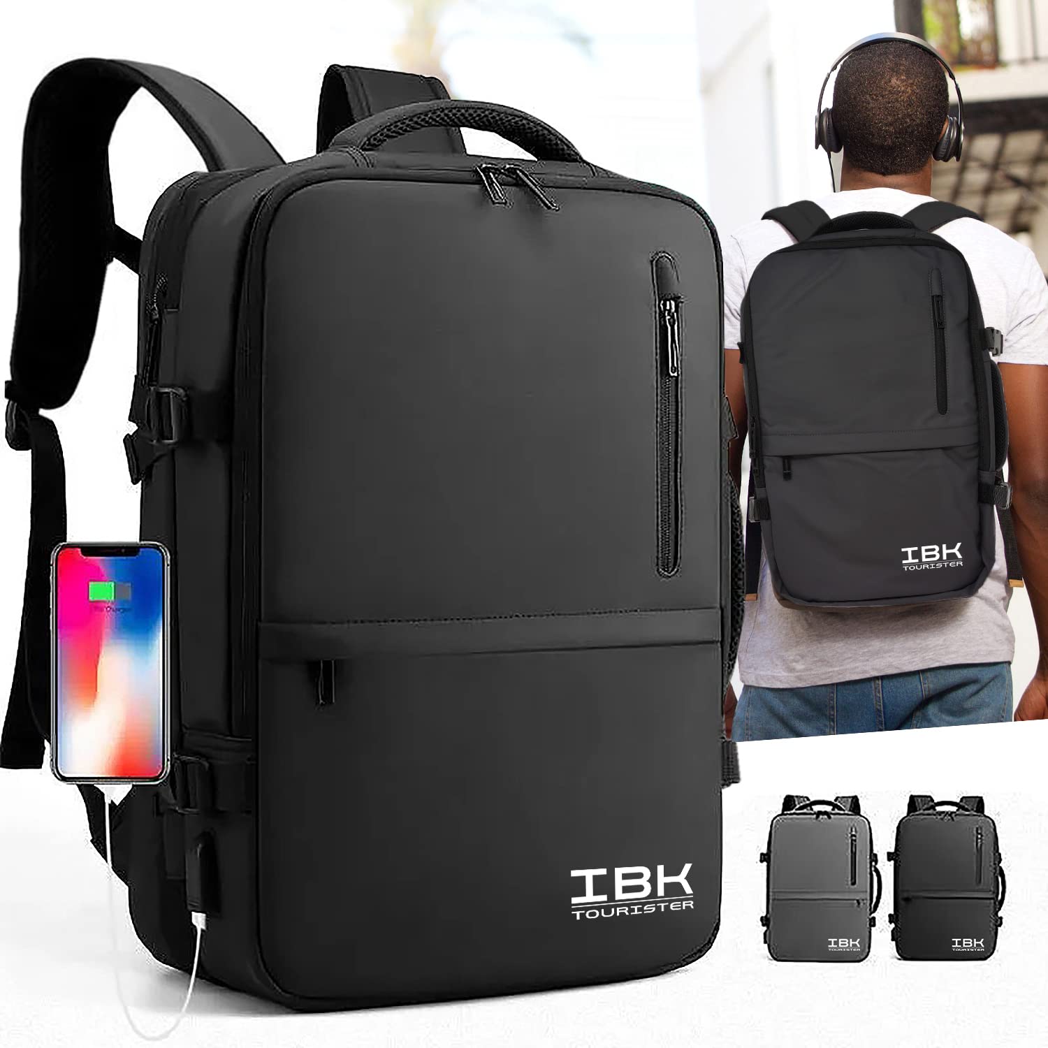 IBK Zaino da Viaggio Bagaglio a mano, porta PC Portatile Laptop Notebook Computer, Tessuto Impermeabile, con Caricatore USB, Uomo Donna Lavoro Ufficio Scuola, Grigio Nero
