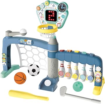 5-in-1 Toddler Sports Toys Activity Center Includes Basketball Soccer Bowling Baseball Golf, Toddler Basketball Hoop Indoor with Adjustable Height 1-3 Year Old Boys Girls Toys, Toddlers & Baby Gift