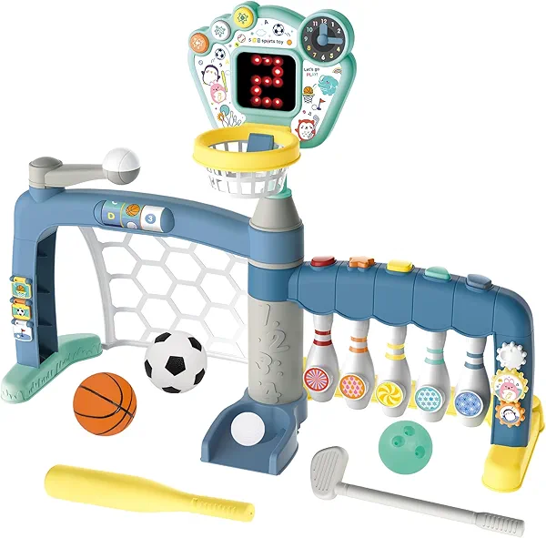 Losbenco Toddler Basketball Hoop with Adjustable Height, Basketball Bowling Baseball Soccer Golf Activity Center, Indoor Outdoor Basketball Hoop Set Best Gift for Baby Infant