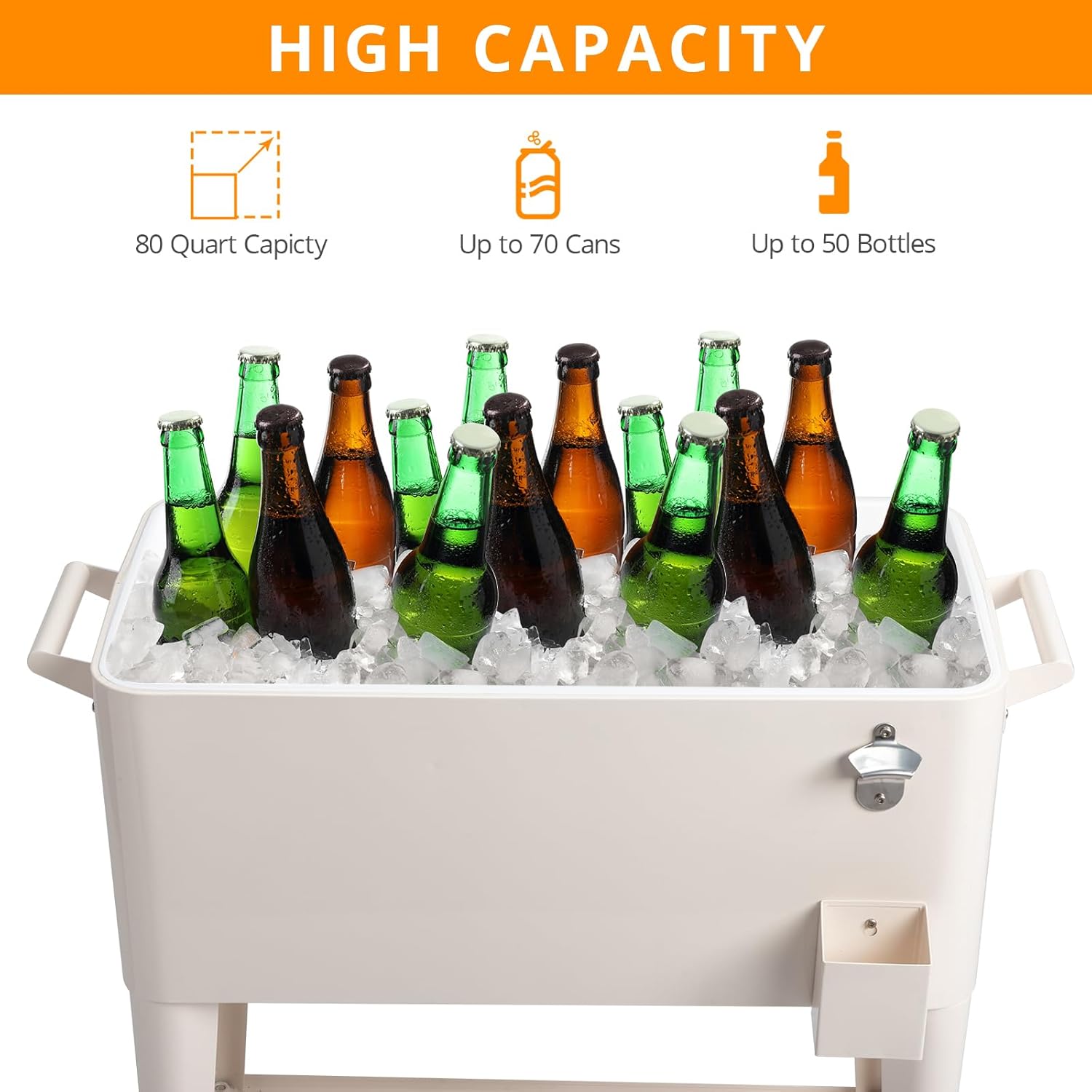 80 Quart Outdoor Rolling Cooler Cart Portable Bar Drink Trolley Outdoor Patio Cooler with Catch Tray,Drain Plug,Bottle Opener,Locking Wheels for Party BBQ Beach Activities Tailgating