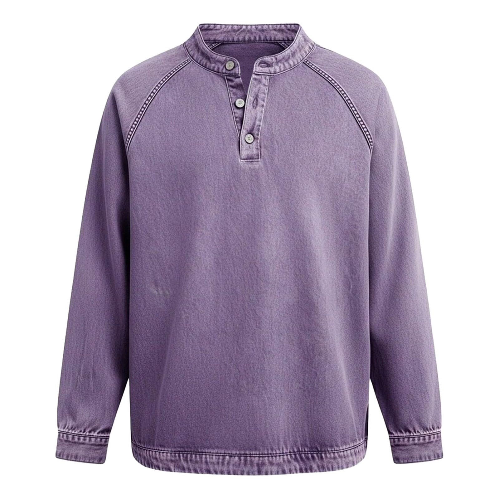 Camicia da uomo vintage Henley Basic a maniche lunghe, tinta unita, per il tempo libero, con abbottonatura, look slavato, per stile casual, regalo per uomini