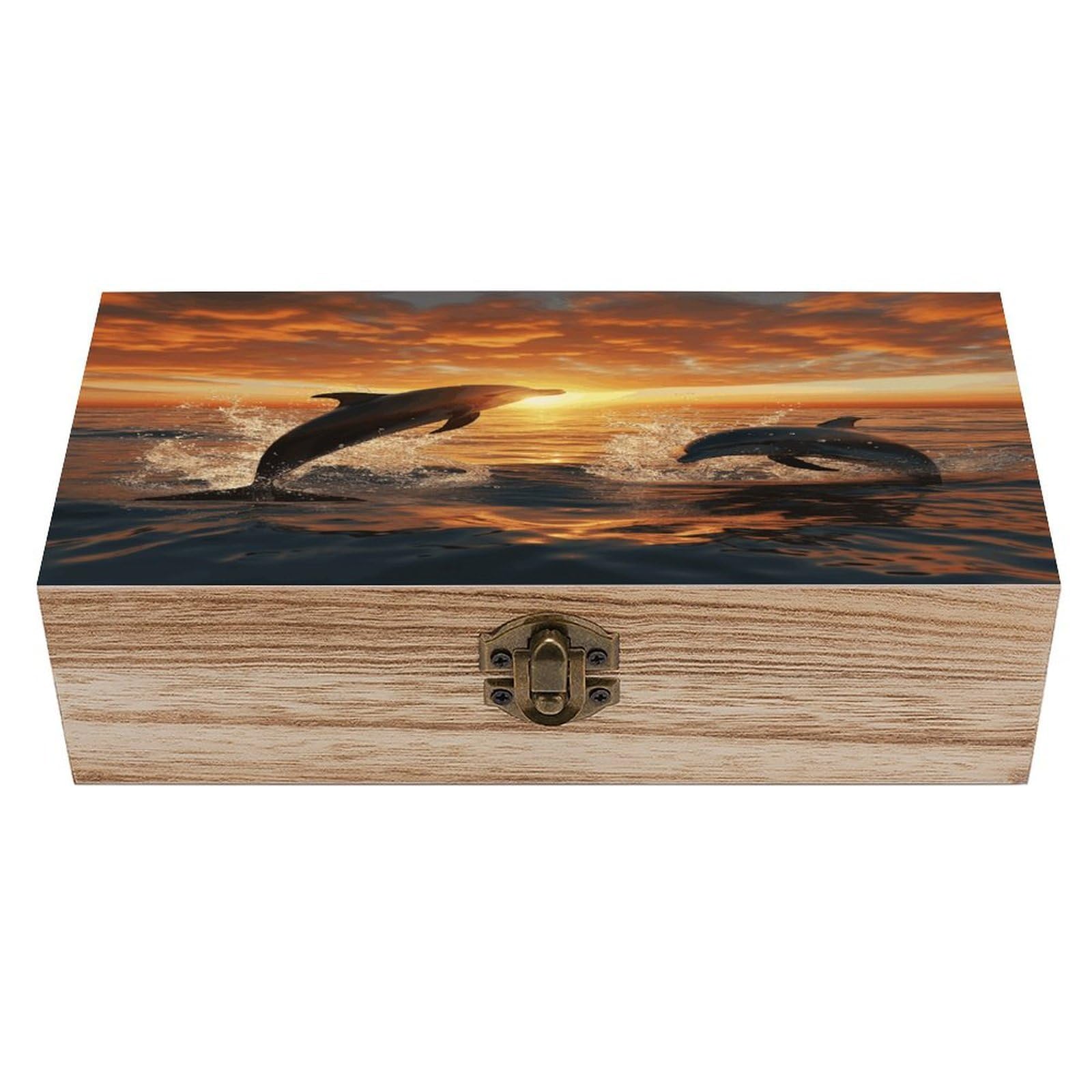 Dolphins Jumping Out of The Water at Sunset Wooden Box with Hinged Lid Vintage Storage Box Beautifully Wood Keepsake Boxes Jewellery Organiser & Trinket Holder Unique Gift Ideas for Men & Women